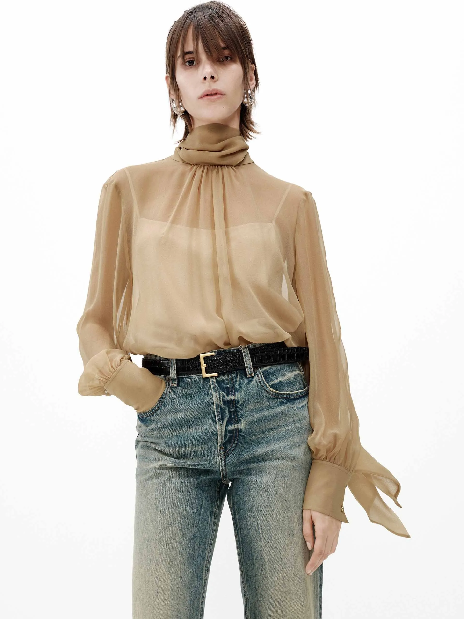 Silk Sheer Tie Blouse Layered Sleeve Cuffs Premium Feel