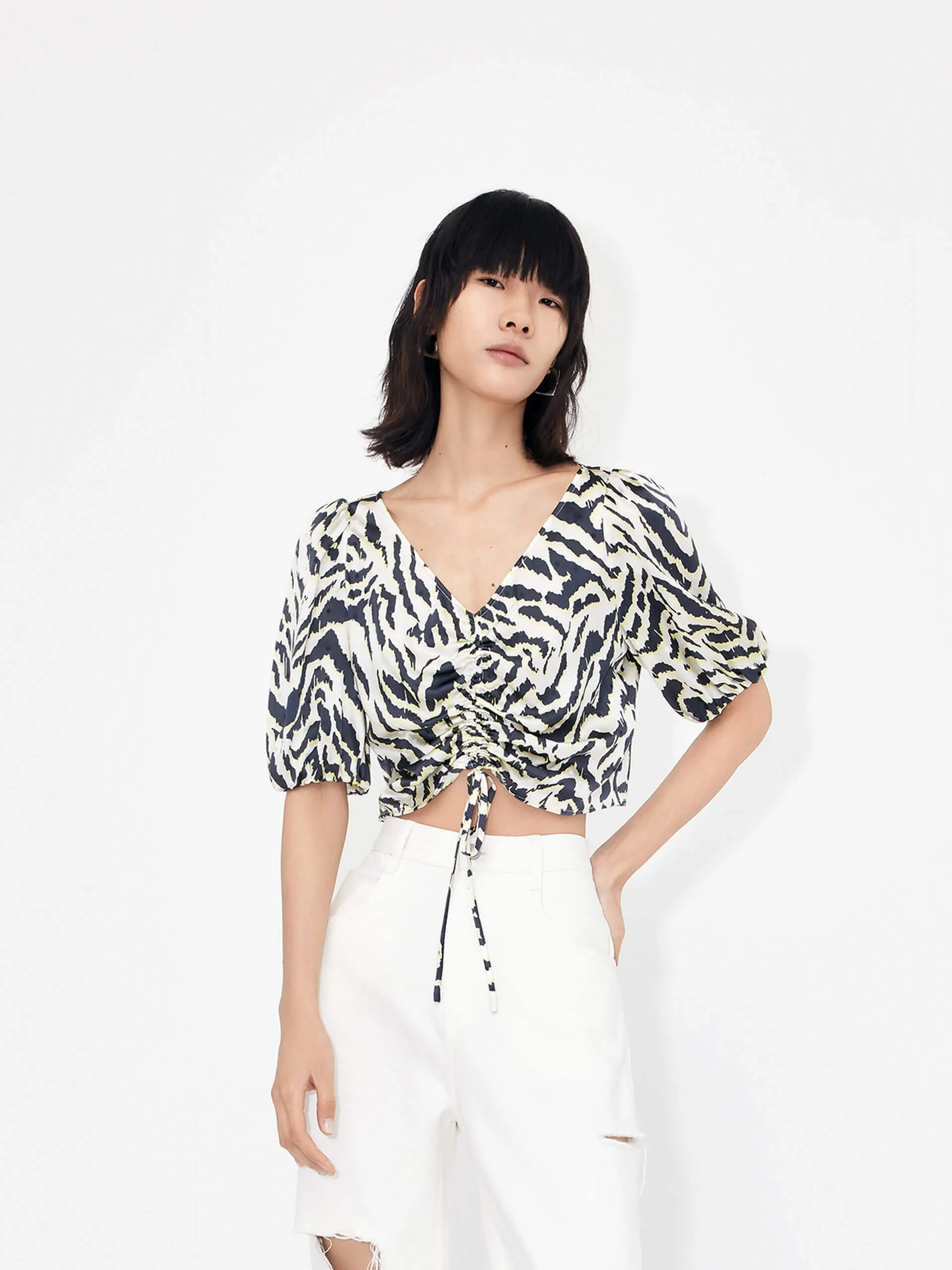 Luxury Feel Wrinkle Free Care Silk Tiger Print V Neck Top