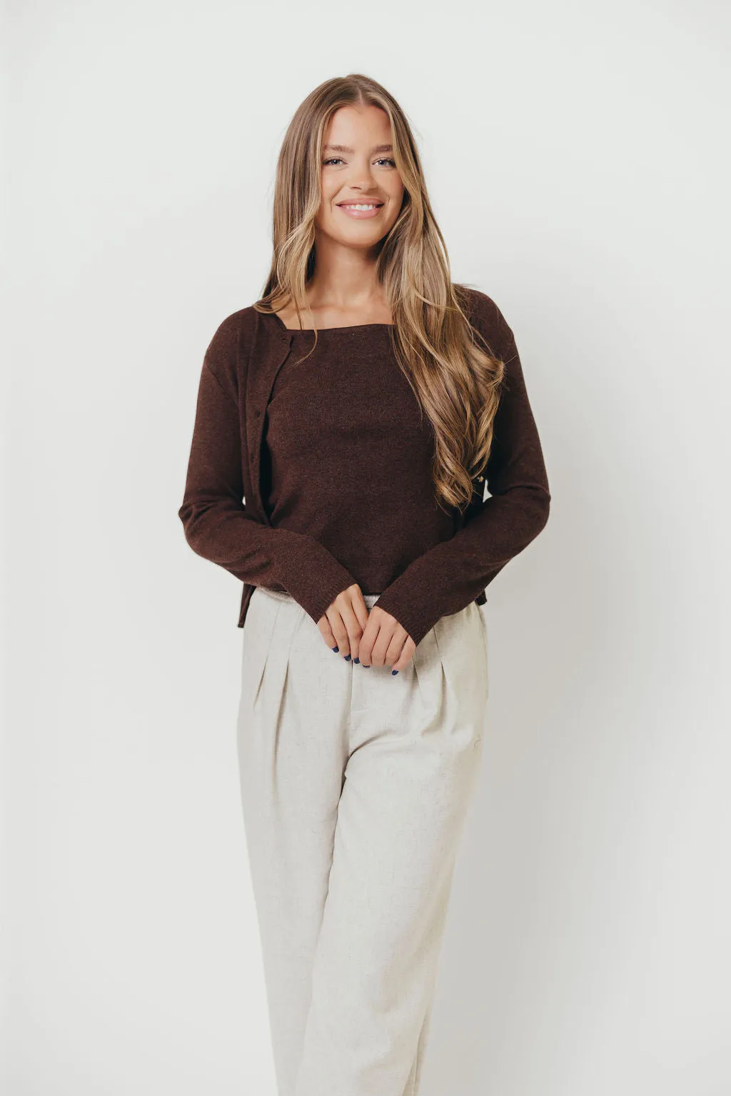 Stretchable Cuffs Jayla Knit Tank and Cardigan Set in Espresso