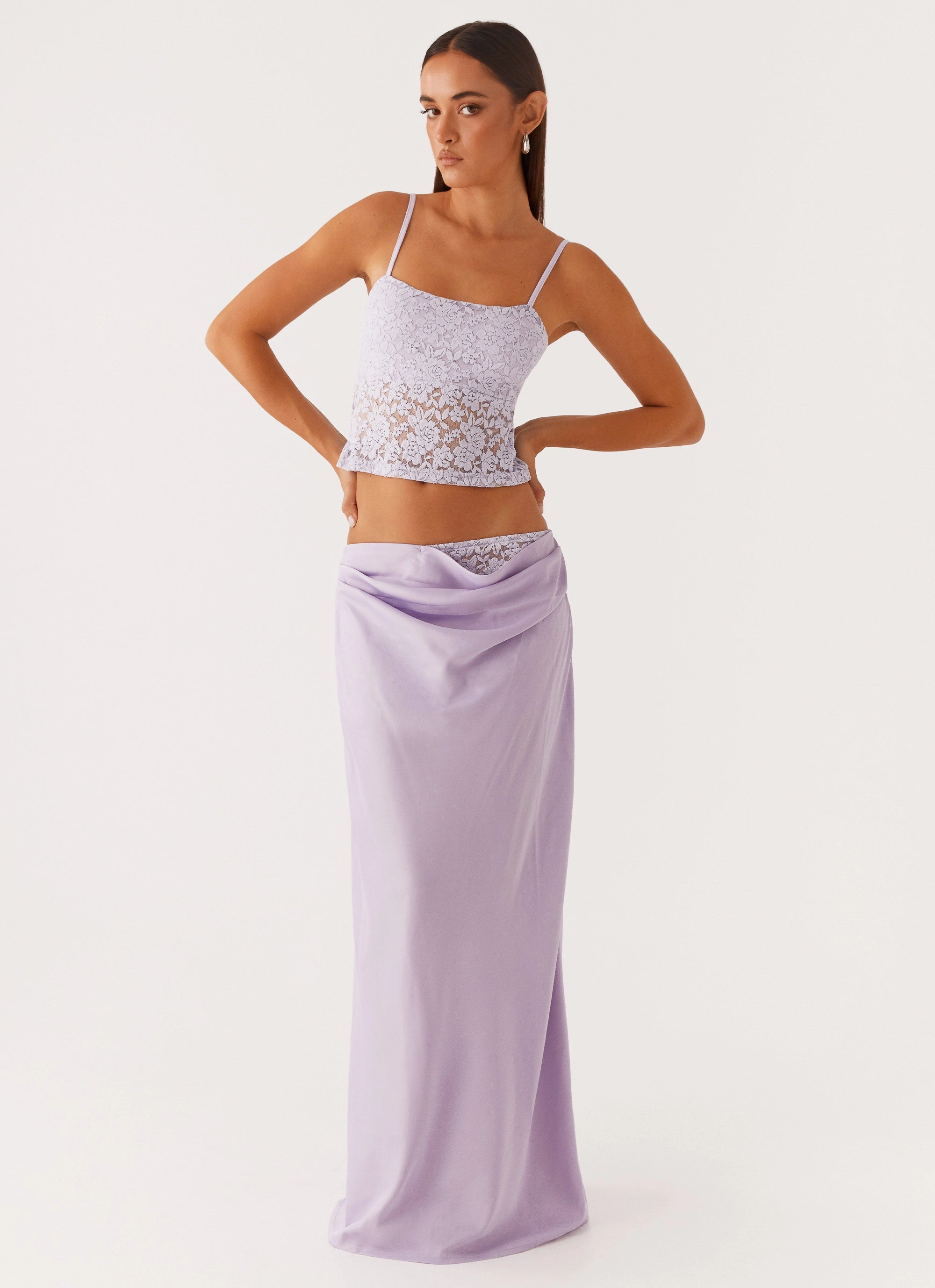 Nancy Lace Top - Lilac Feminine off-the-shoulder gown