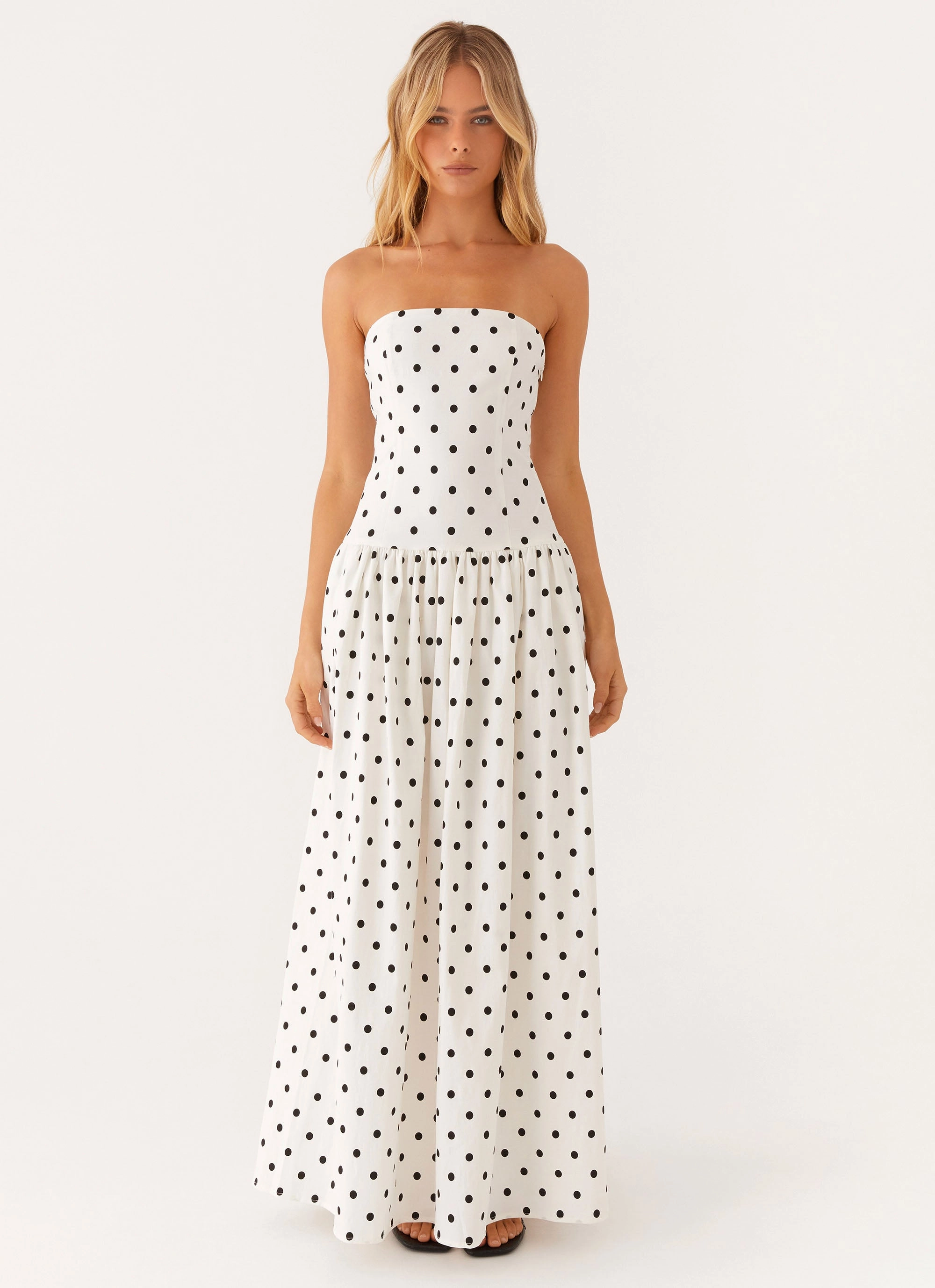 Andorra Maxi Dress - White Polkadot Classic A-line design