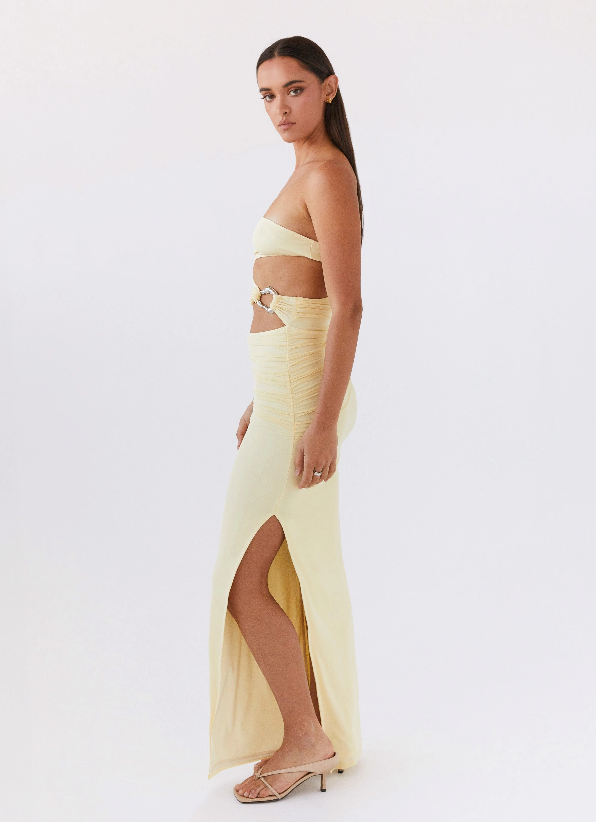 Satin-Sleeve Into Pieces Mesh Maxi Dress - Lemon