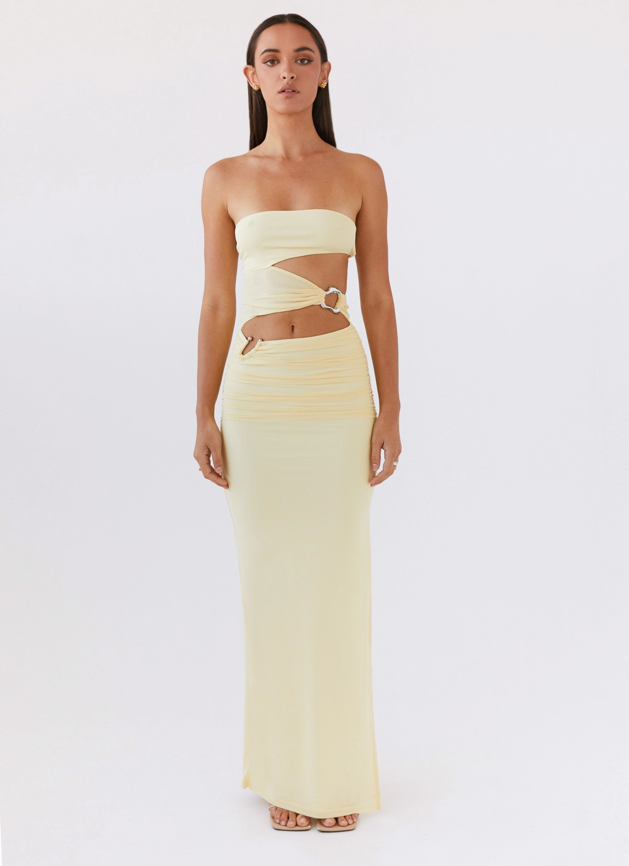 Into Pieces Mesh Maxi Dress - Lemon Flattering Look Fit
