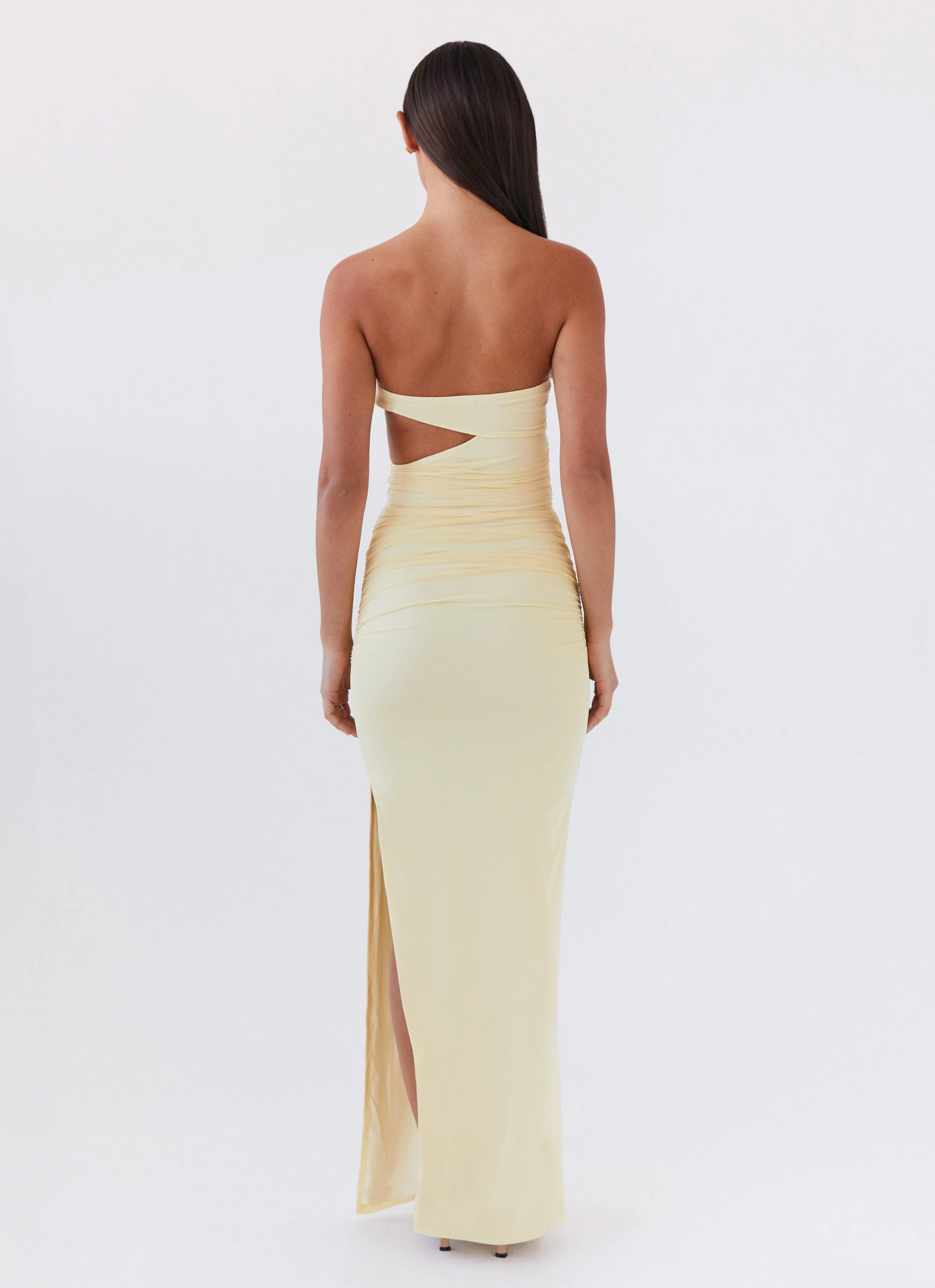 Into Pieces Mesh Maxi Dress - Lemon Statement Neck Wave Soft