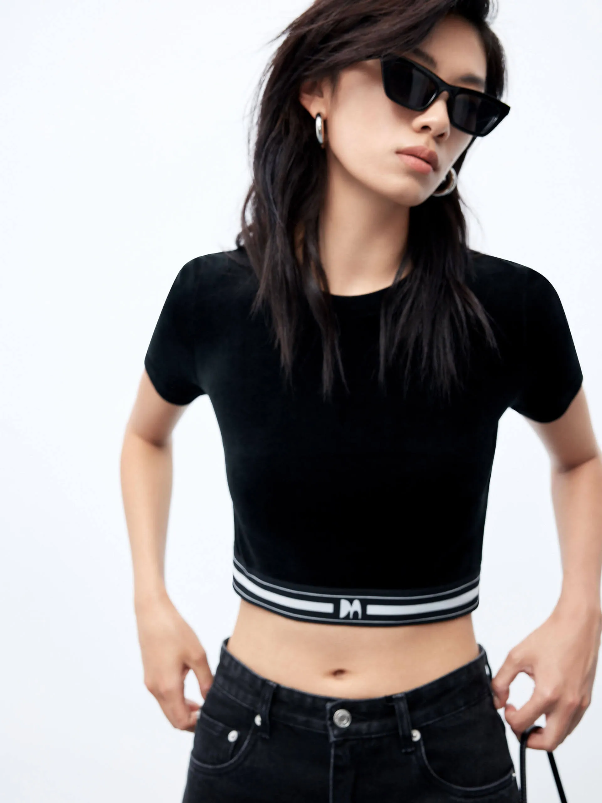 Velvet Touch Cropped Top High Street Fashion Hidden Button Placket