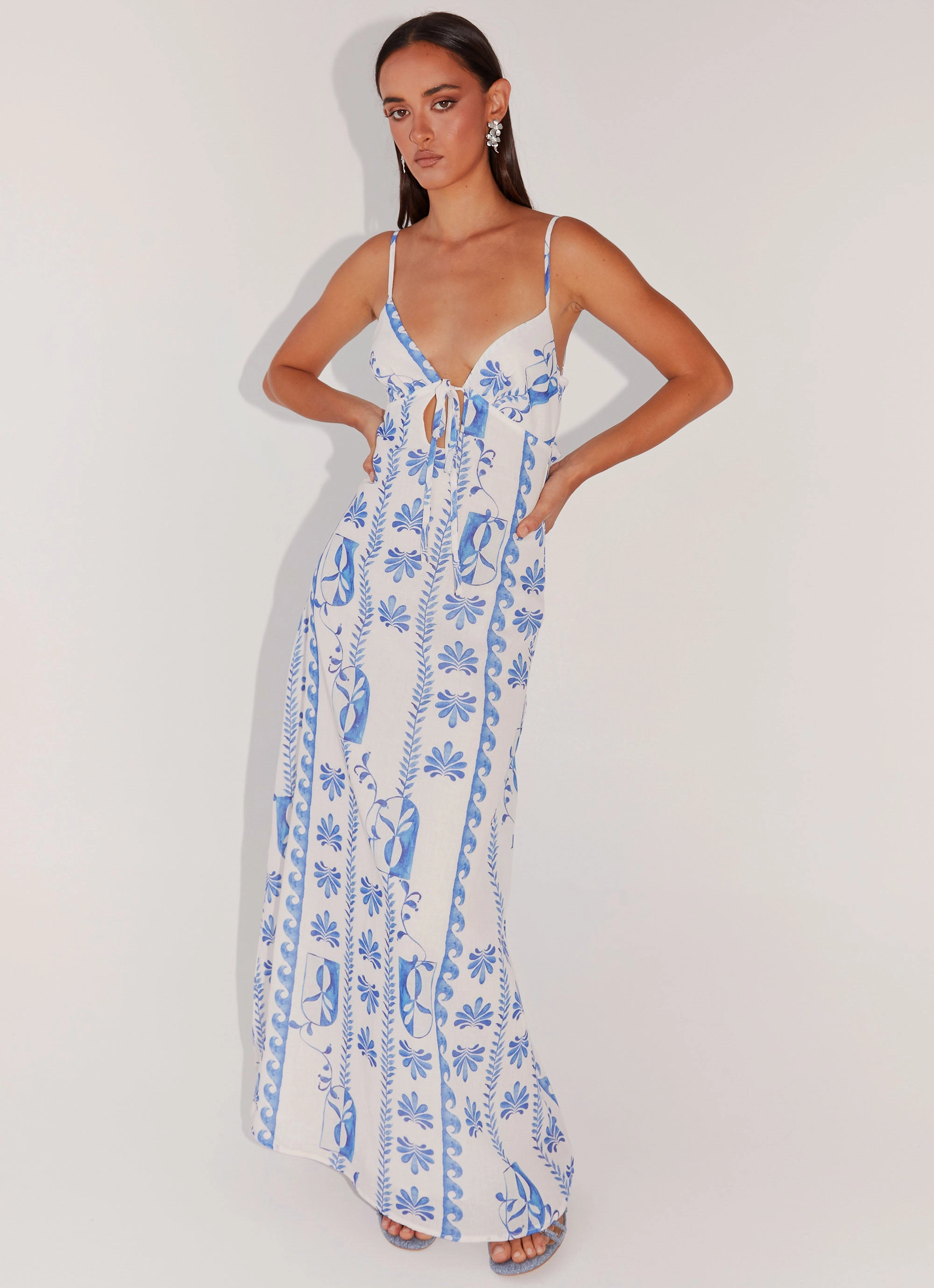 Flora Linen Maxi Dress - Floral Wave Casual Layers Lightweight Piece