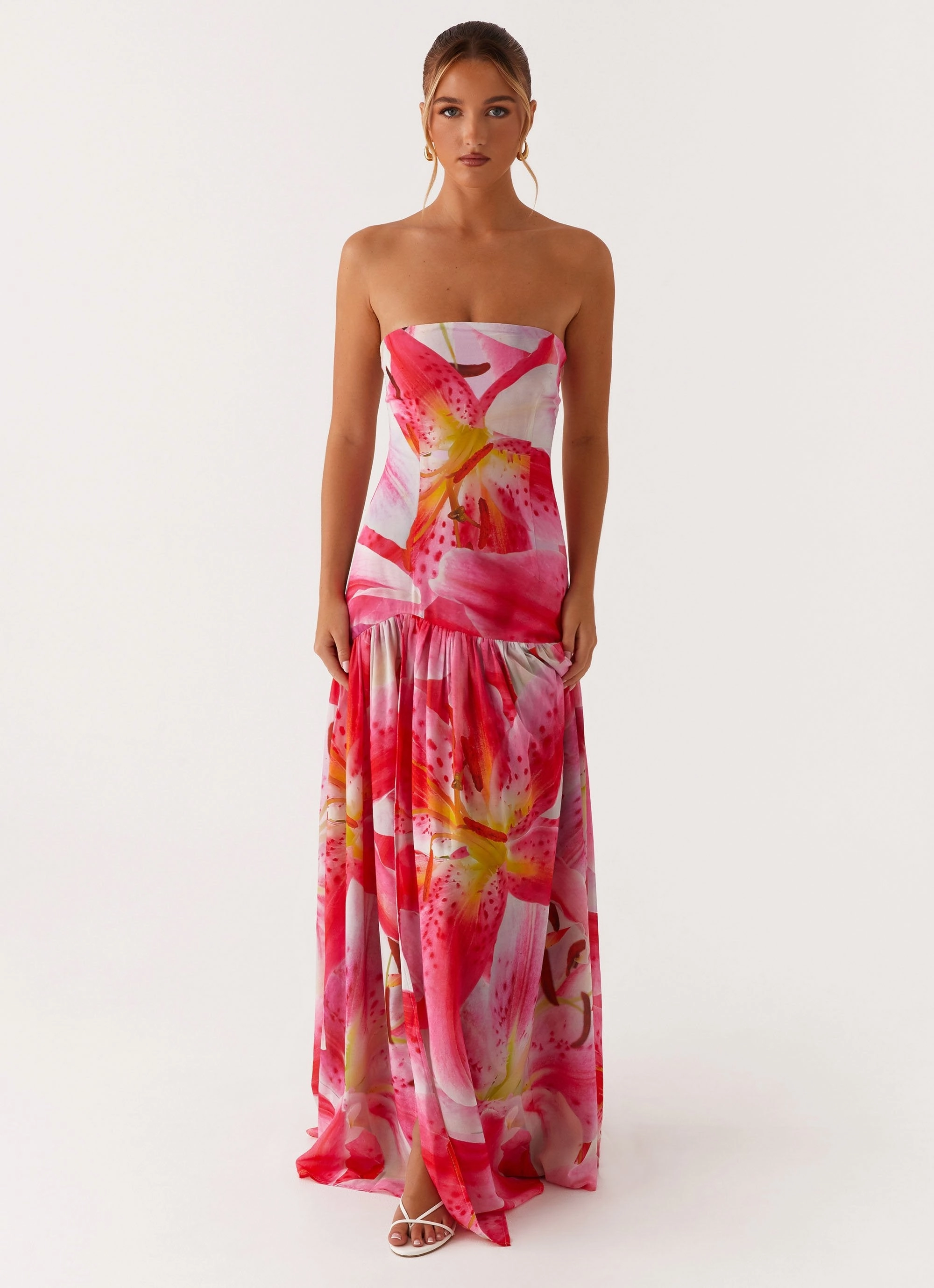 Eden Strapless Maxi Dress - White Pink Lilly Raglan-Sleeve