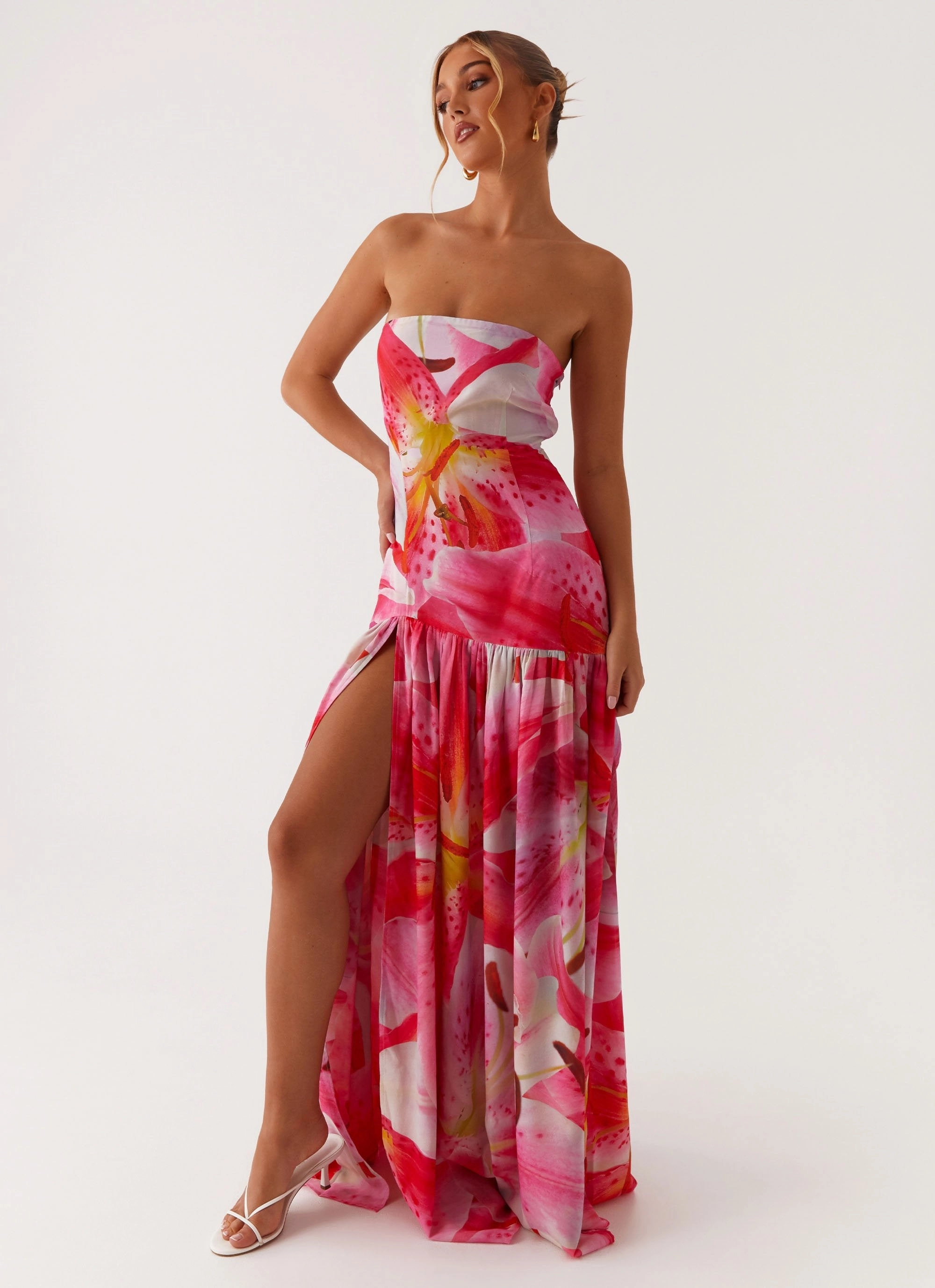 Eden Strapless Maxi Dress - White Pink Lilly Daily Go Cool Elegance