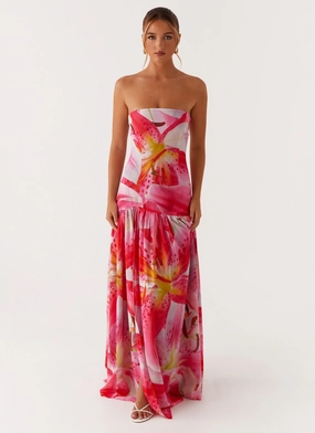 Eden Strapless Maxi Dress - White Pink Lilly Raglan-Sleeve