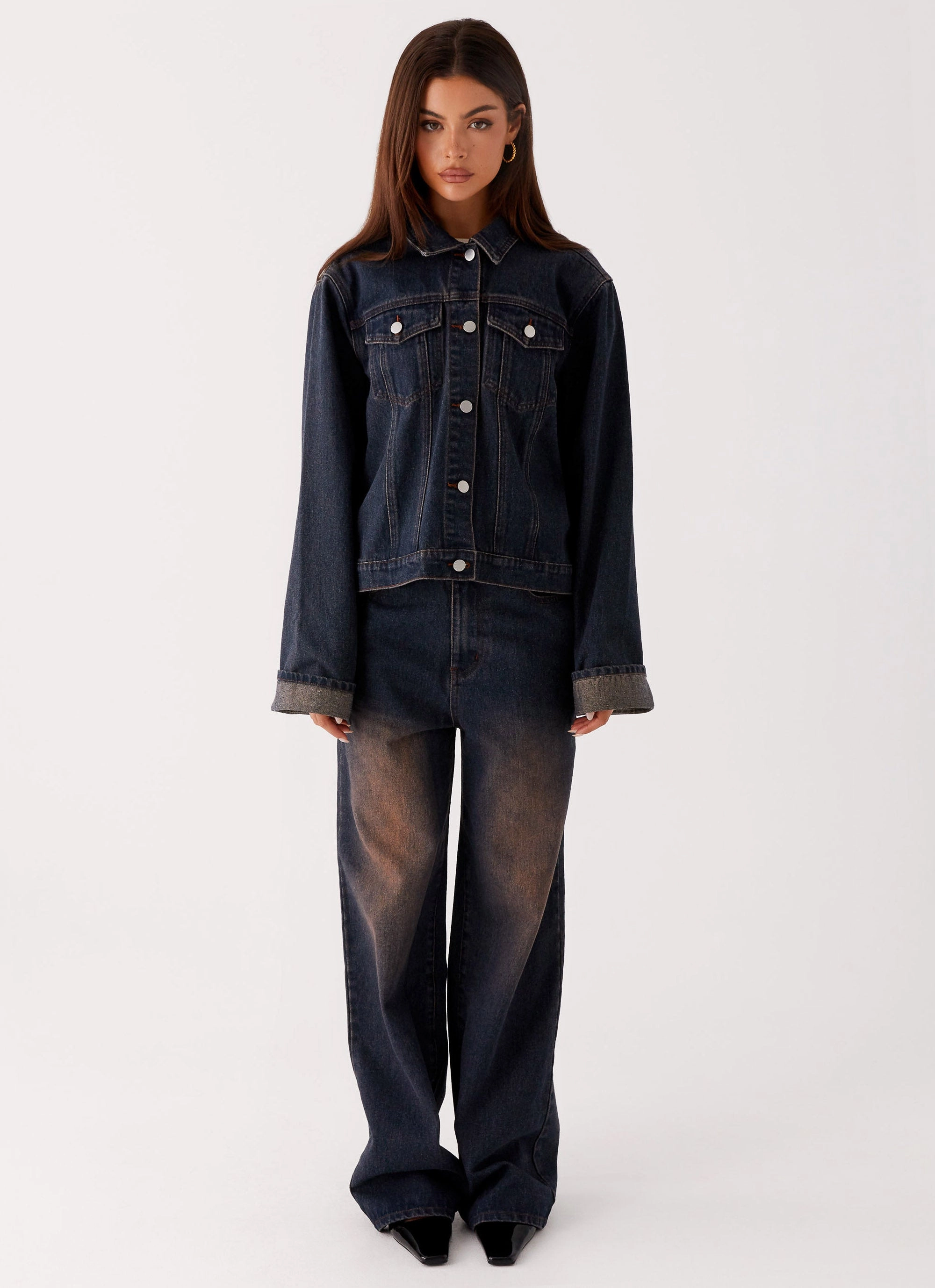 Back Again Oversized Denim Jacket - Brown Blue Acid Wash Travel Ready