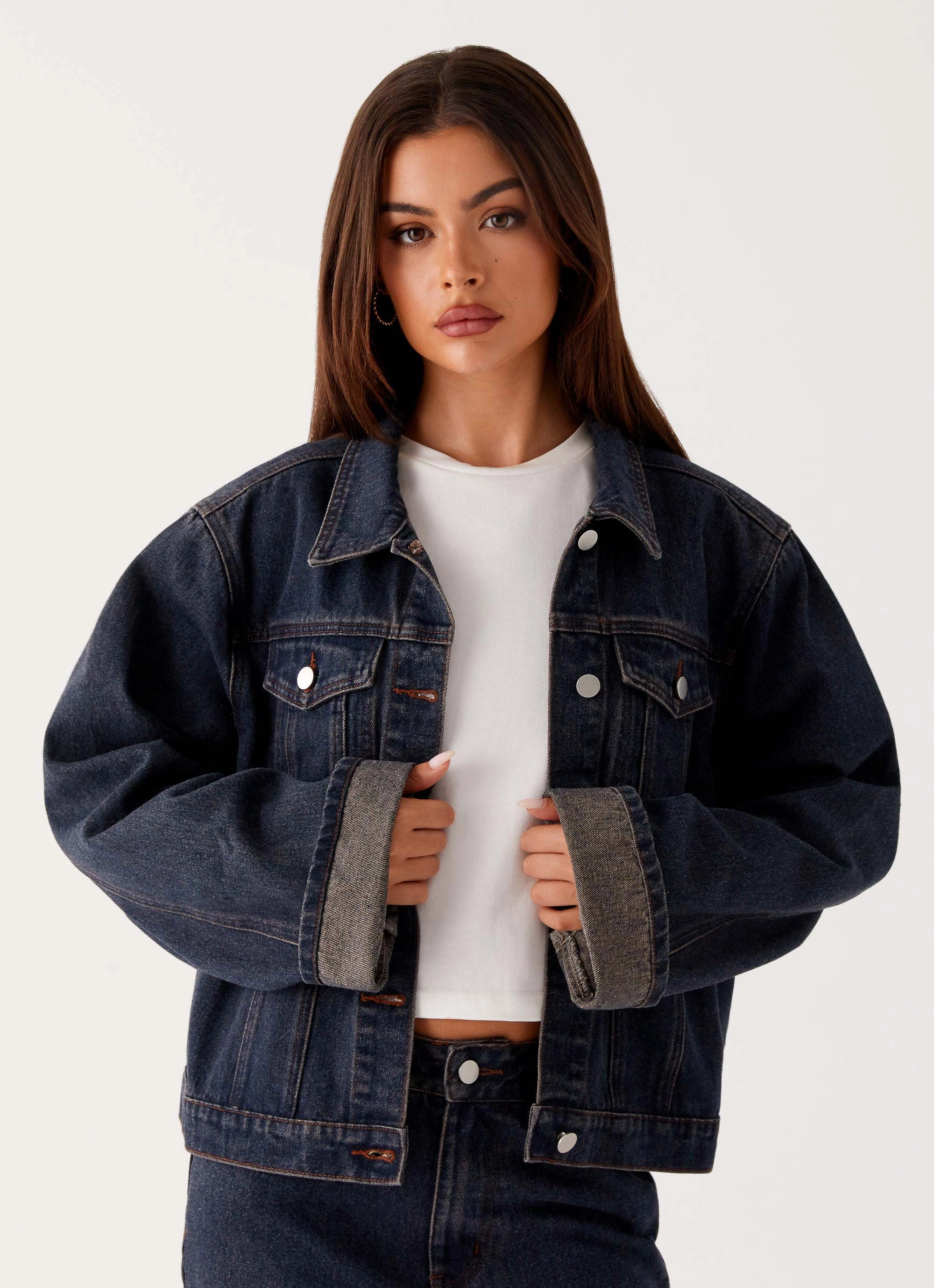 Panelled-Design Back Again Oversized Denim Jacket - Brown Blue Acid Wash