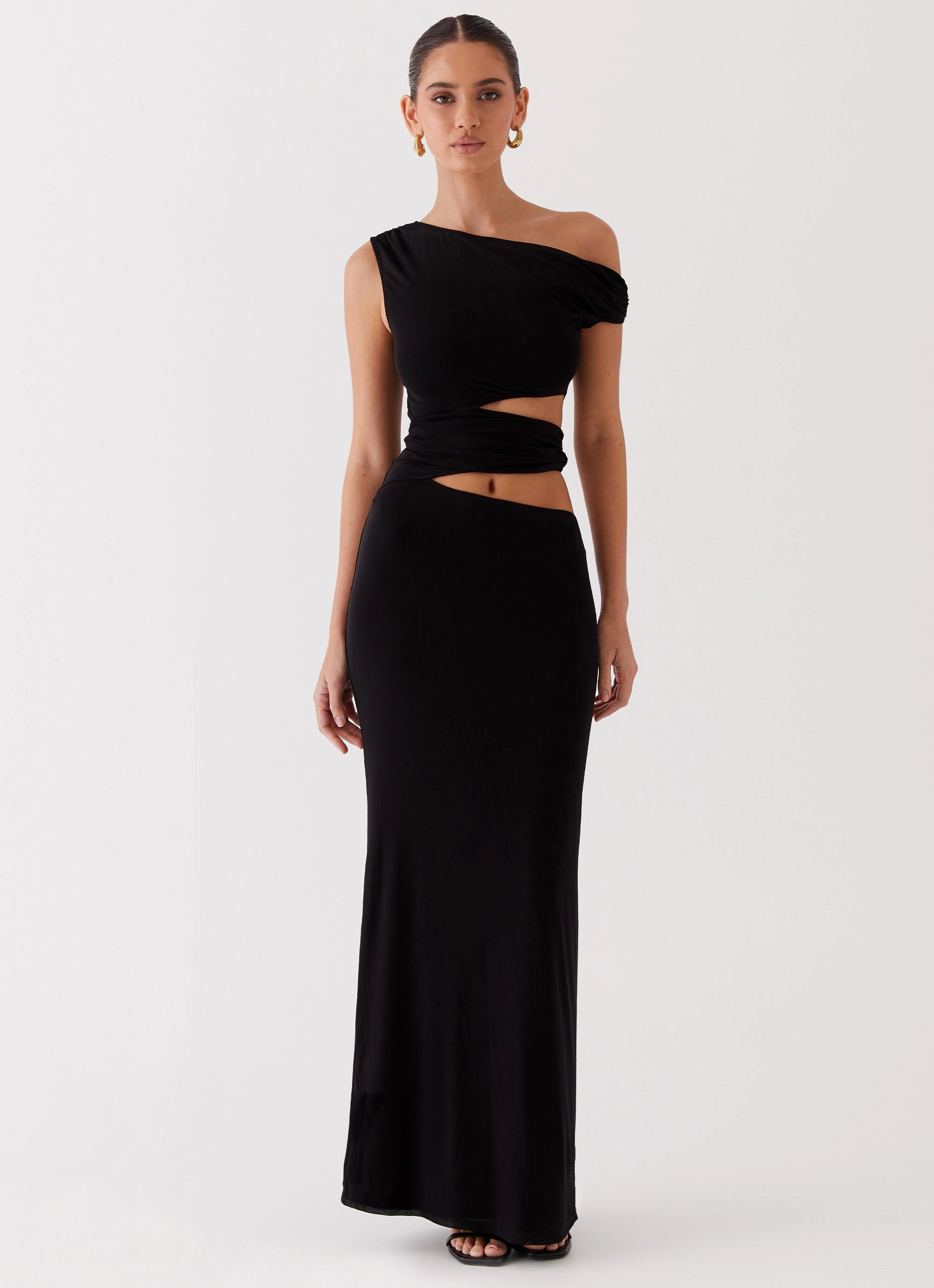 Layer Light Metallic-Shine Margot One Shoulder Maxi Dress - Black