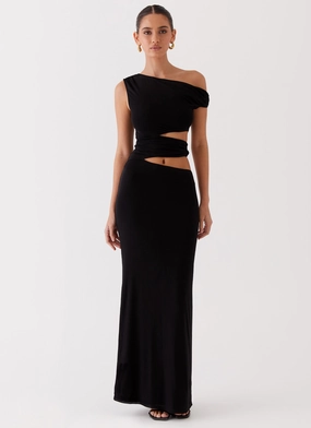 Layer Light Metallic-Shine Margot One Shoulder Maxi Dress - Black
