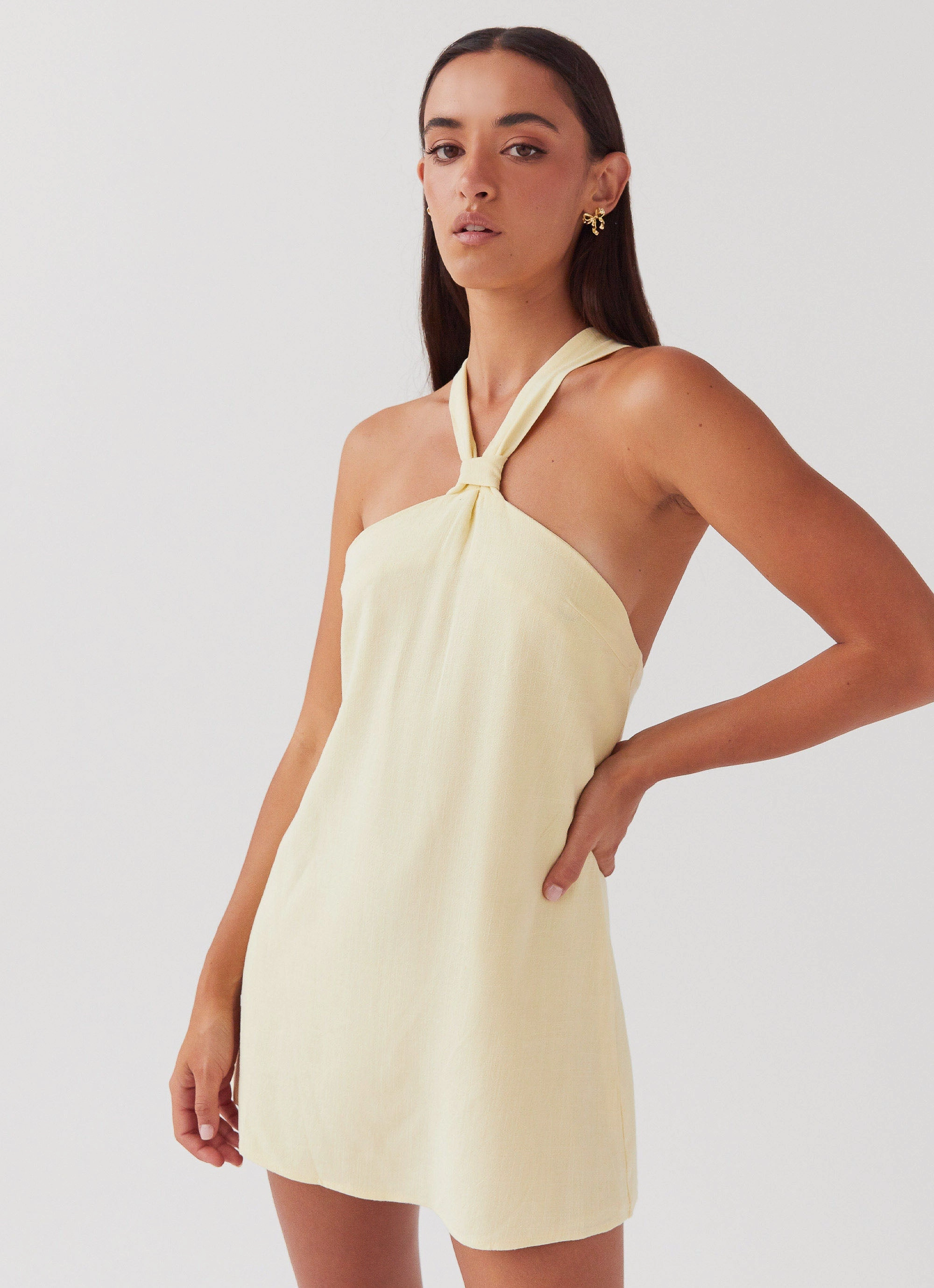 Embroidered-Sleeve Vibrant evening gown Keira Linen Mini Dress - Lemon