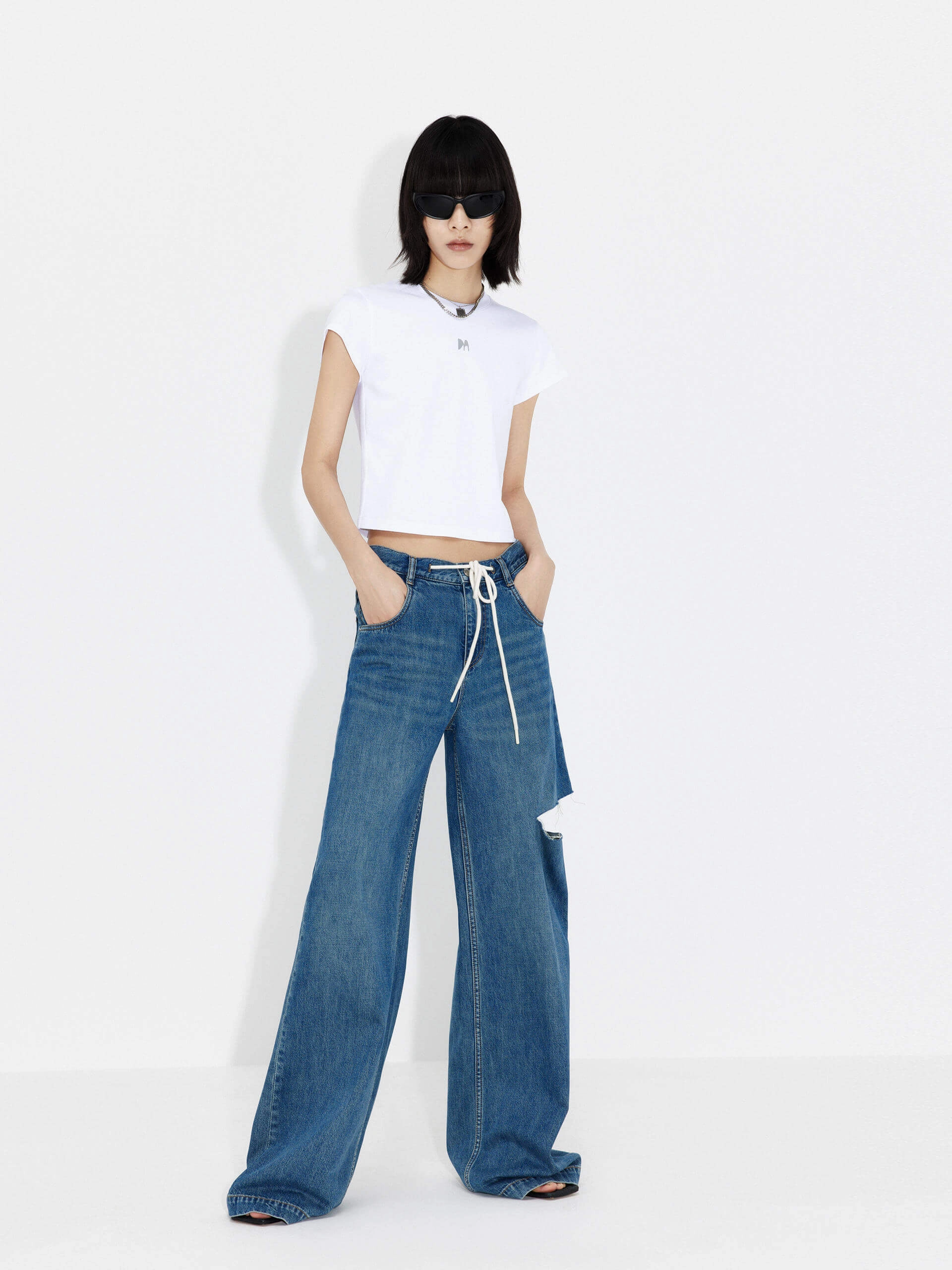 Drawstring Cutout Details Jeans Elegant Adult Fashion