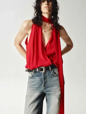 Silk V-neck Tie Blouse Plaid Design Flexible Mobility