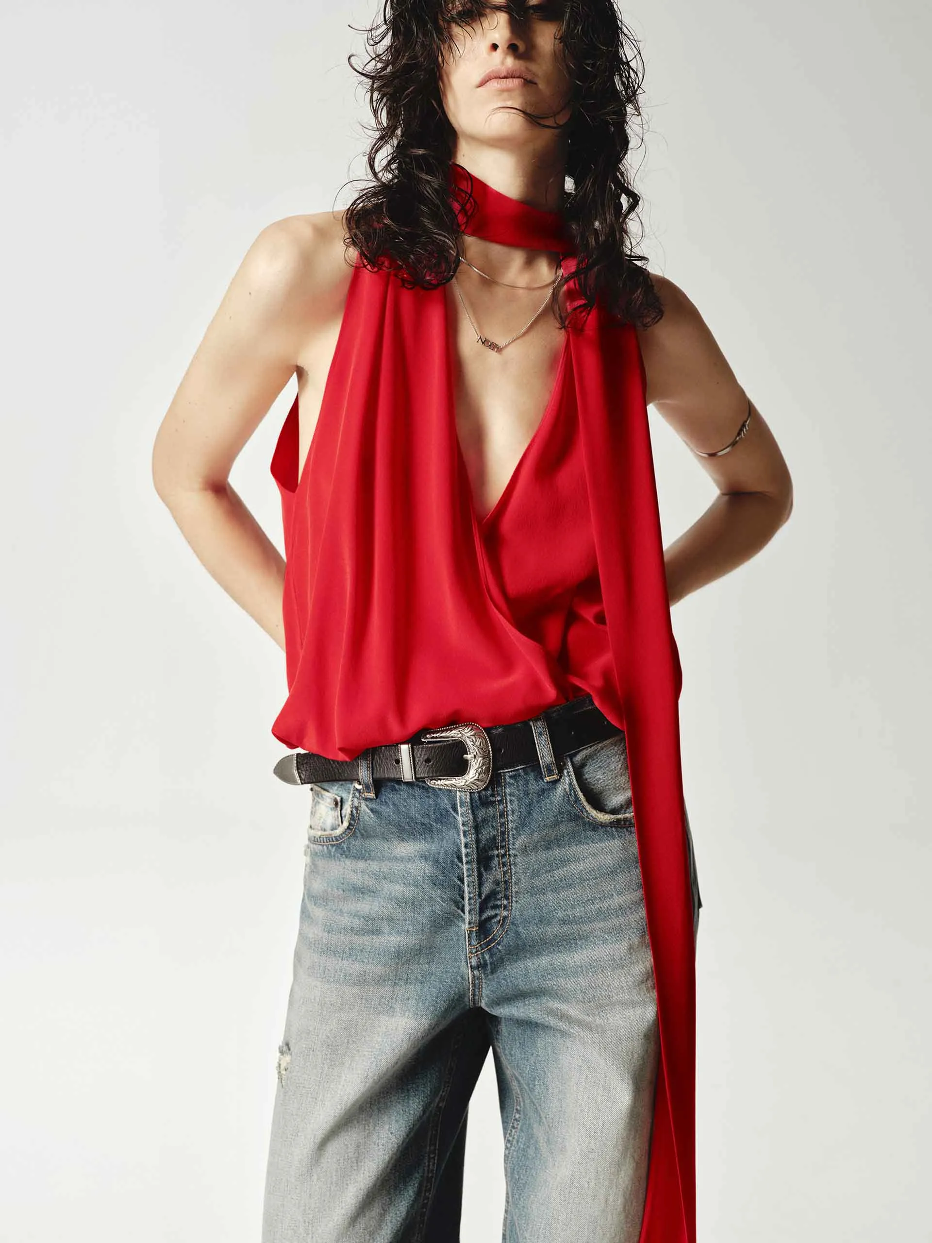 Silk V-neck Tie Blouse Non Iron