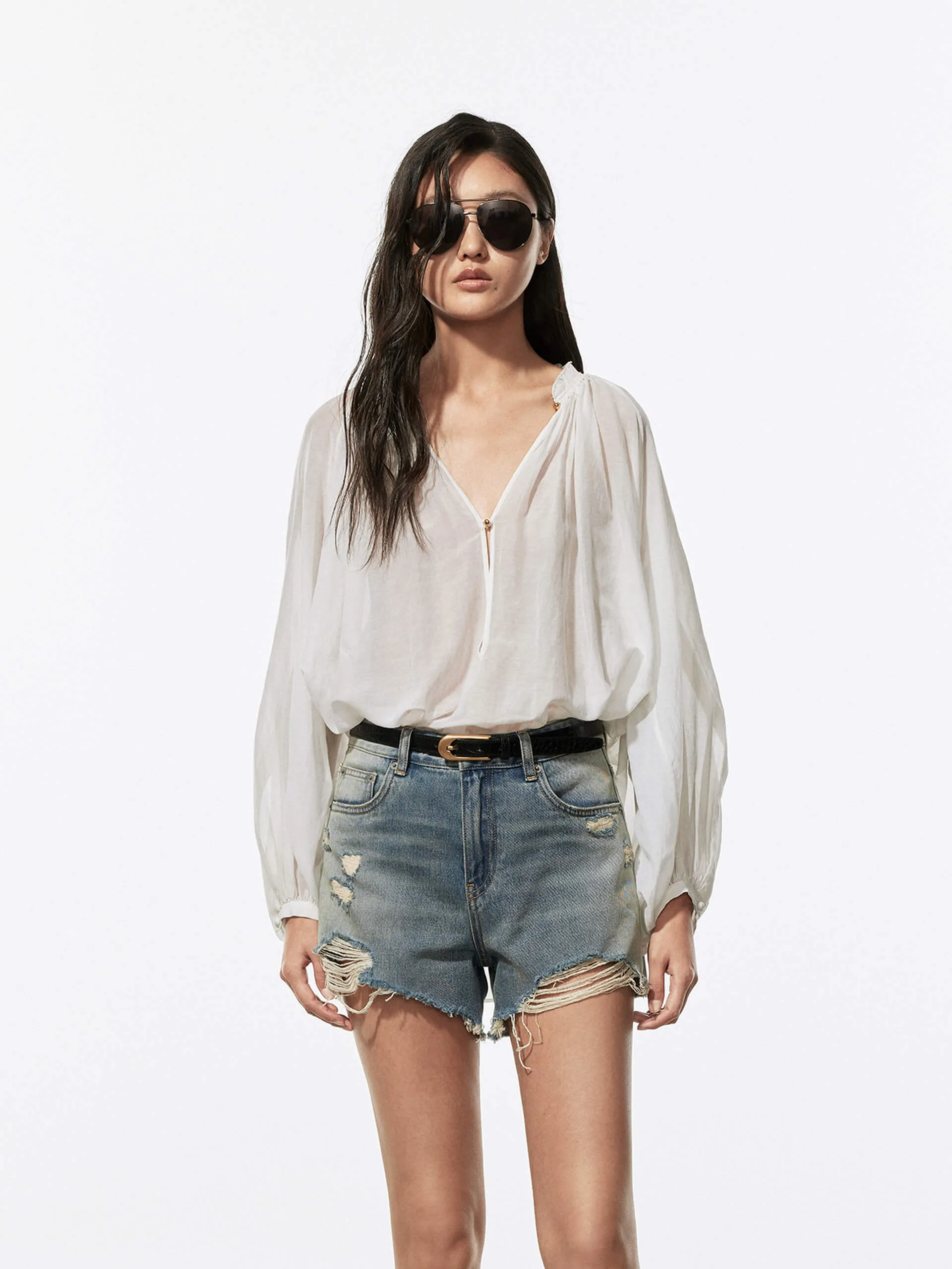 Soft Cotton Silk Blouse Micro Perforated Texture