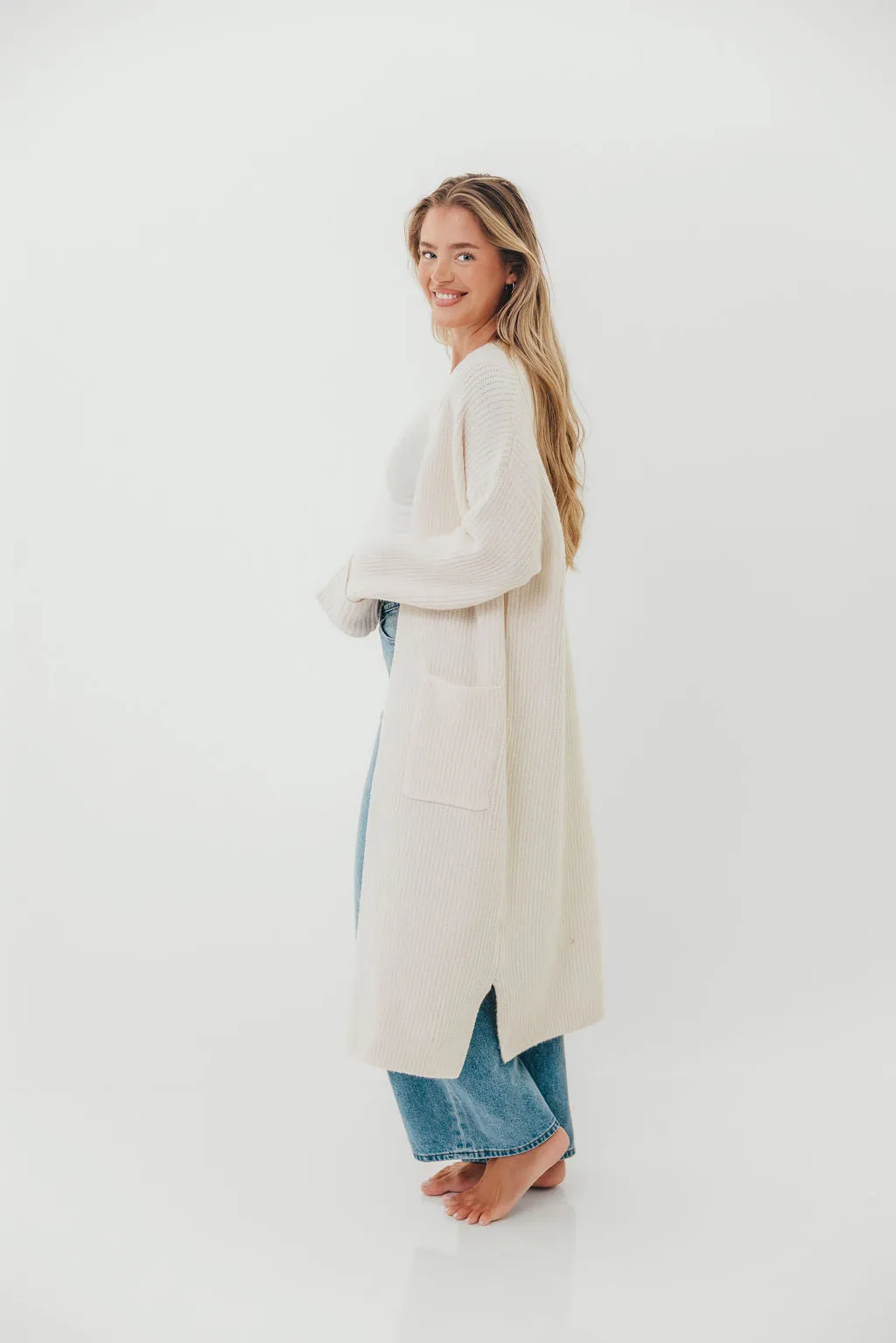 Rachel Longline Sweater Cardigan in Ecru Neutral palette Laidback Mood