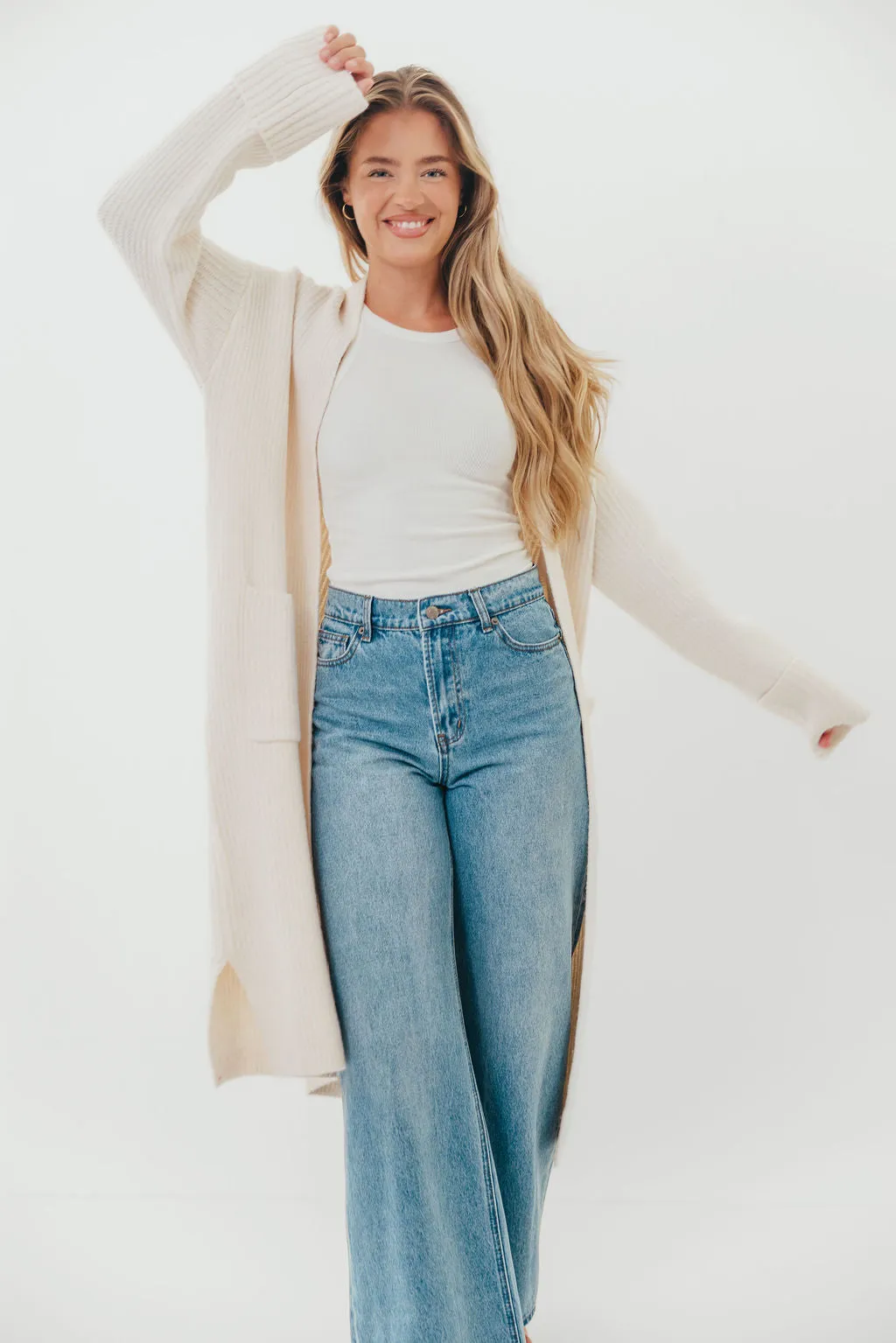 Rachel Longline Sweater Cardigan in Ecru Smooth zipper closure