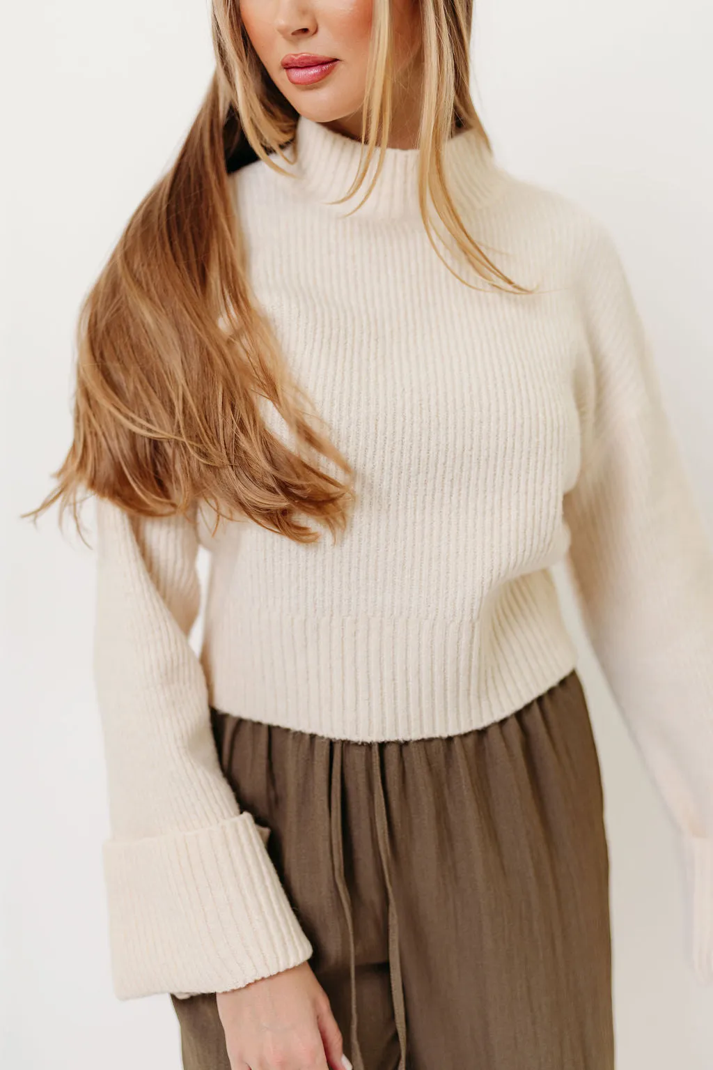 elastic waistband Effortless Comfort Freida Mock-Neck Sweater in Cream
