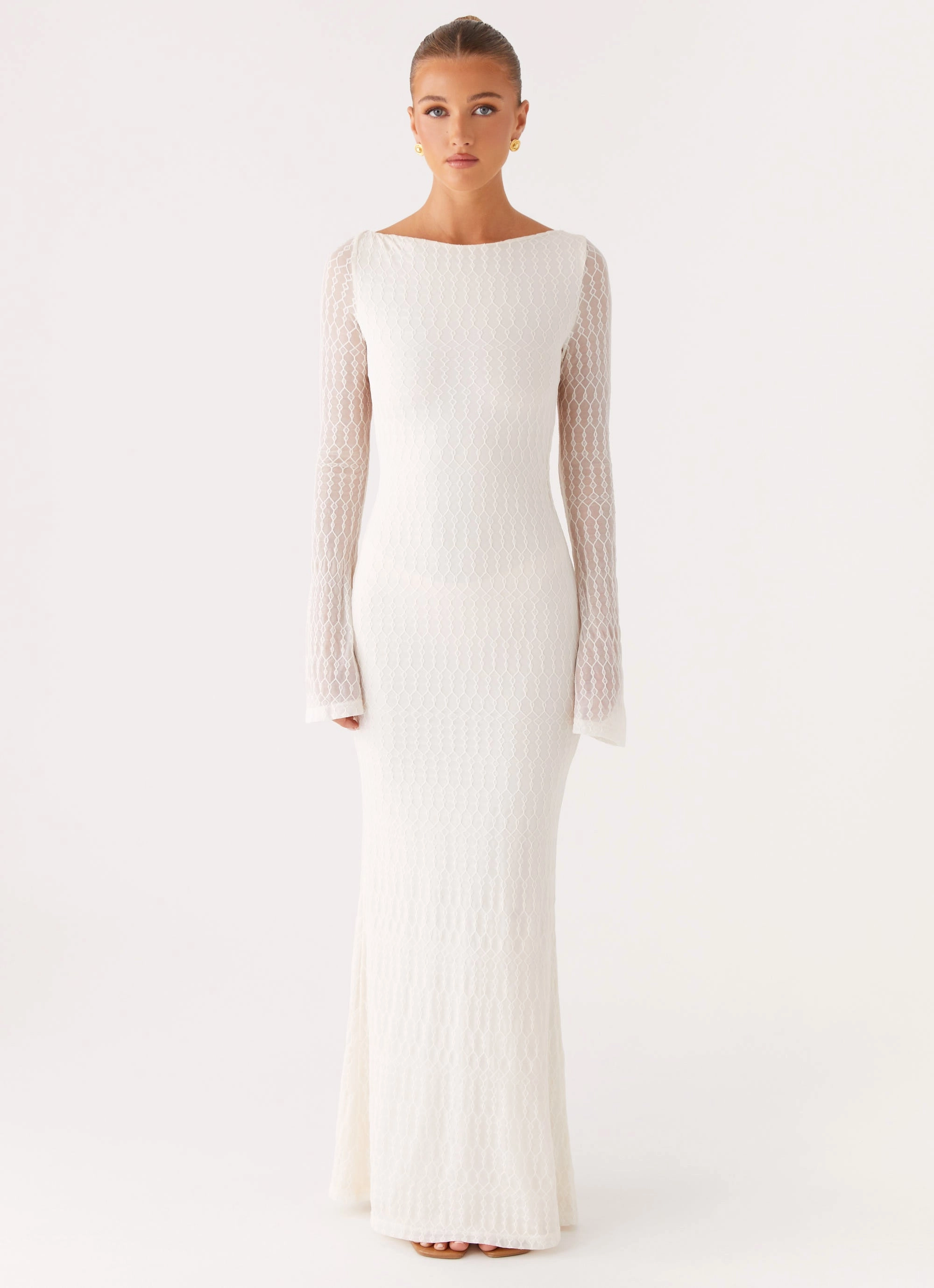 Ethereal Long Sleeve Maxi Dress - Ivory Sleek Draping