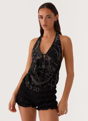 Gail Beaded Cowl Halterneck Top - Black Casual Layers Relaxed-fit