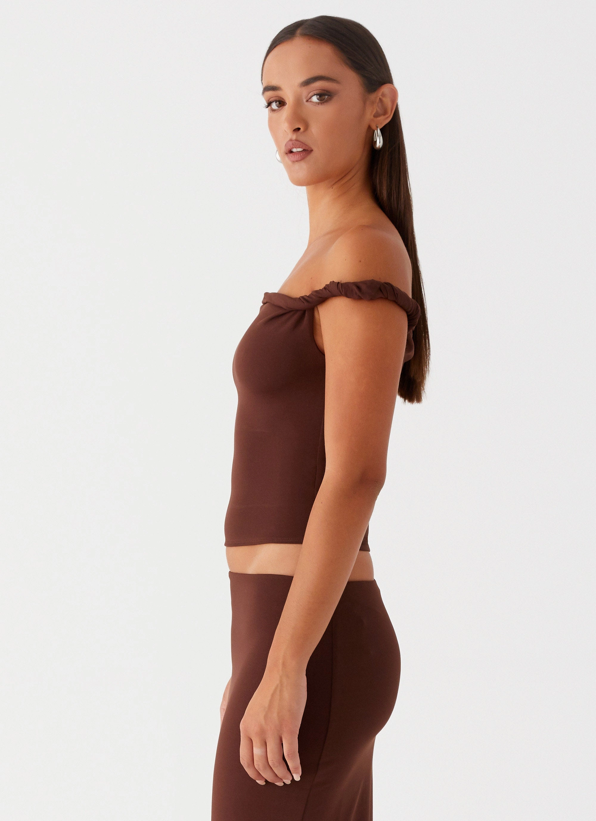 Subtle tone Solace Soul Twist Shoulder Top - Chocolate