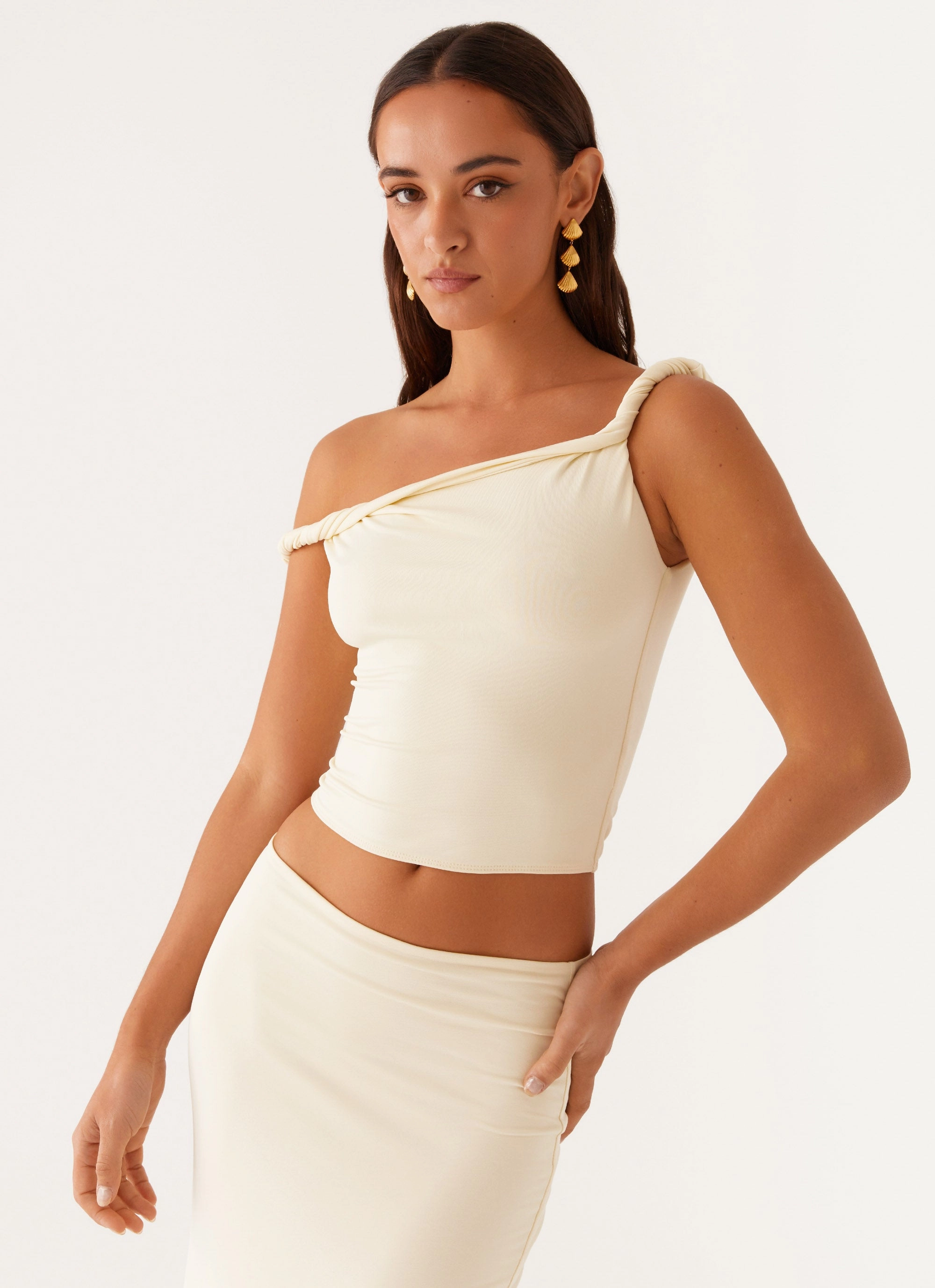 Solace Soul Twist Shoulder Top - Yellow Feminine empire waist dress