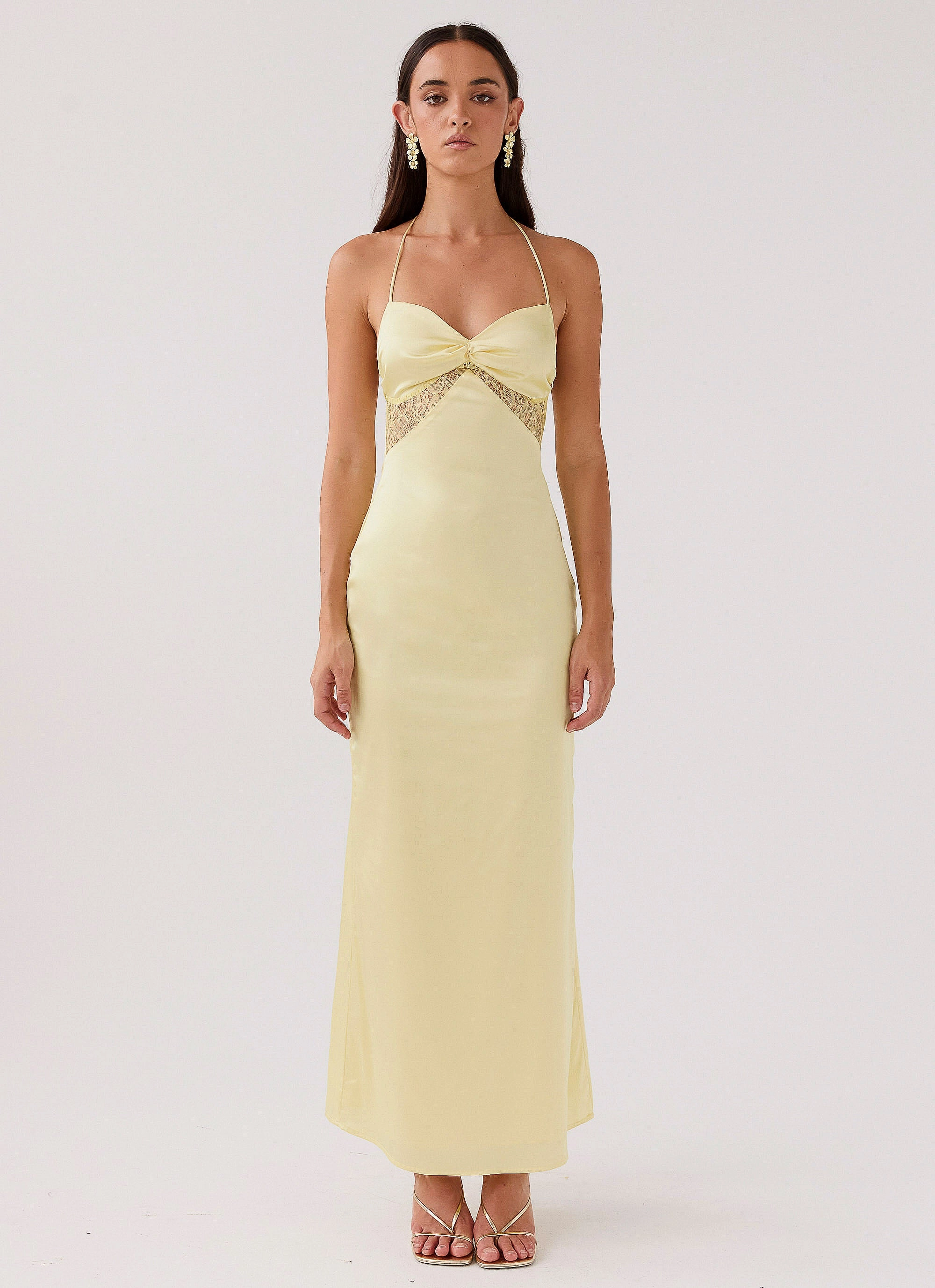 ruffle trim Dream Sight Lace Satin Maxi Dress - Lemon