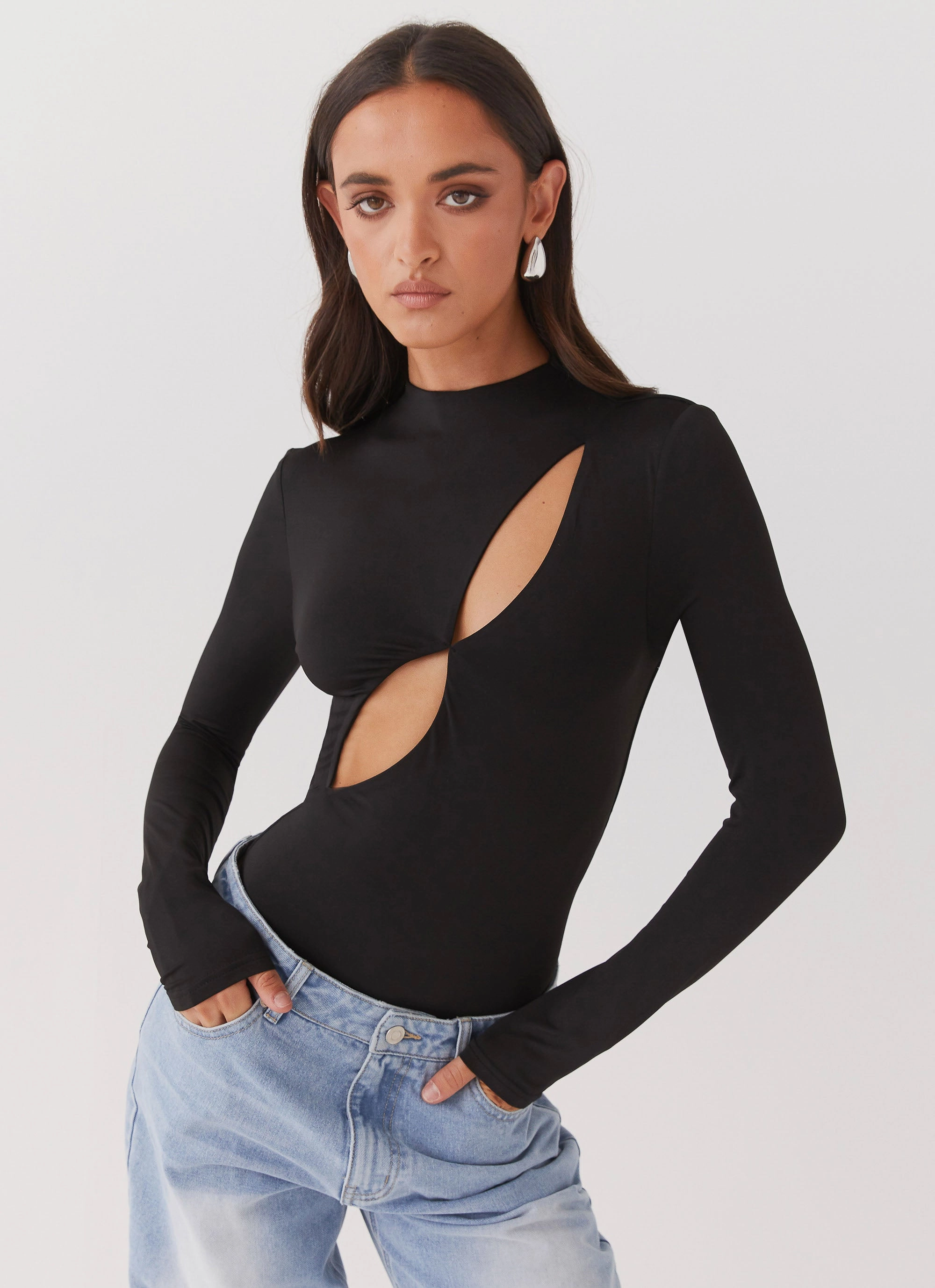 Light Coral Sleek Layer Special Affair Long Sleeve Bodysuit - Black
