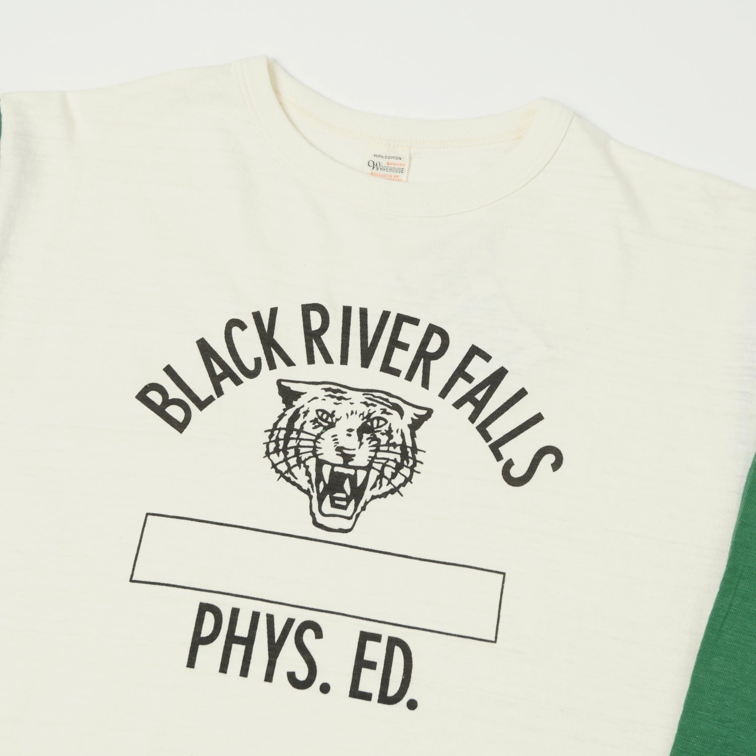 Warehouse & Co 'Black River Tigers' 4800 Baseball T-Shirt - Cream/Green Stretch Fit Design Ultra Soft Texture