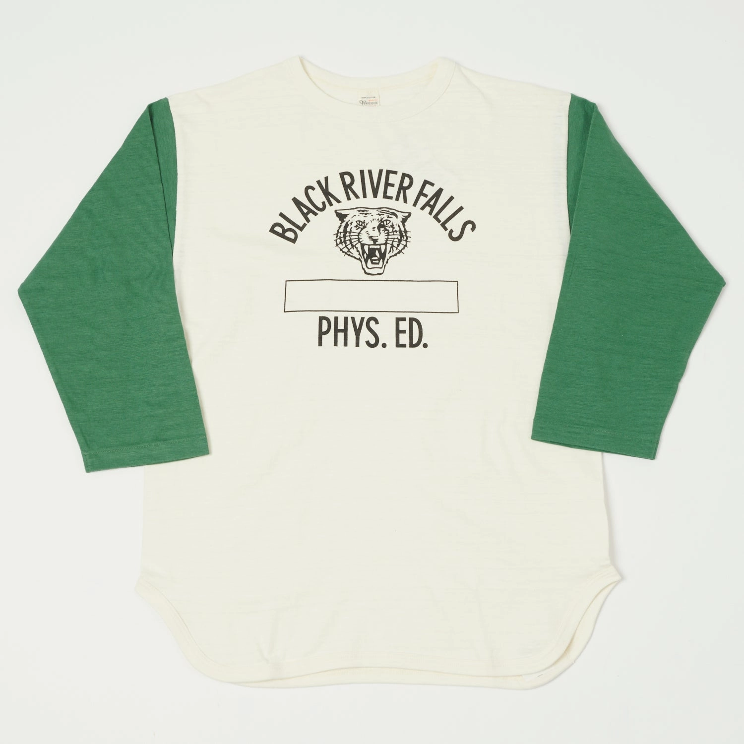 Warehouse & Co 'Black River Tigers' 4800 Baseball T-Shirt - Cream/Green Classic Comfort Style casual top