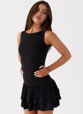 Rhiannon Frill Mini Dress - Black Clean Texture Professional Look