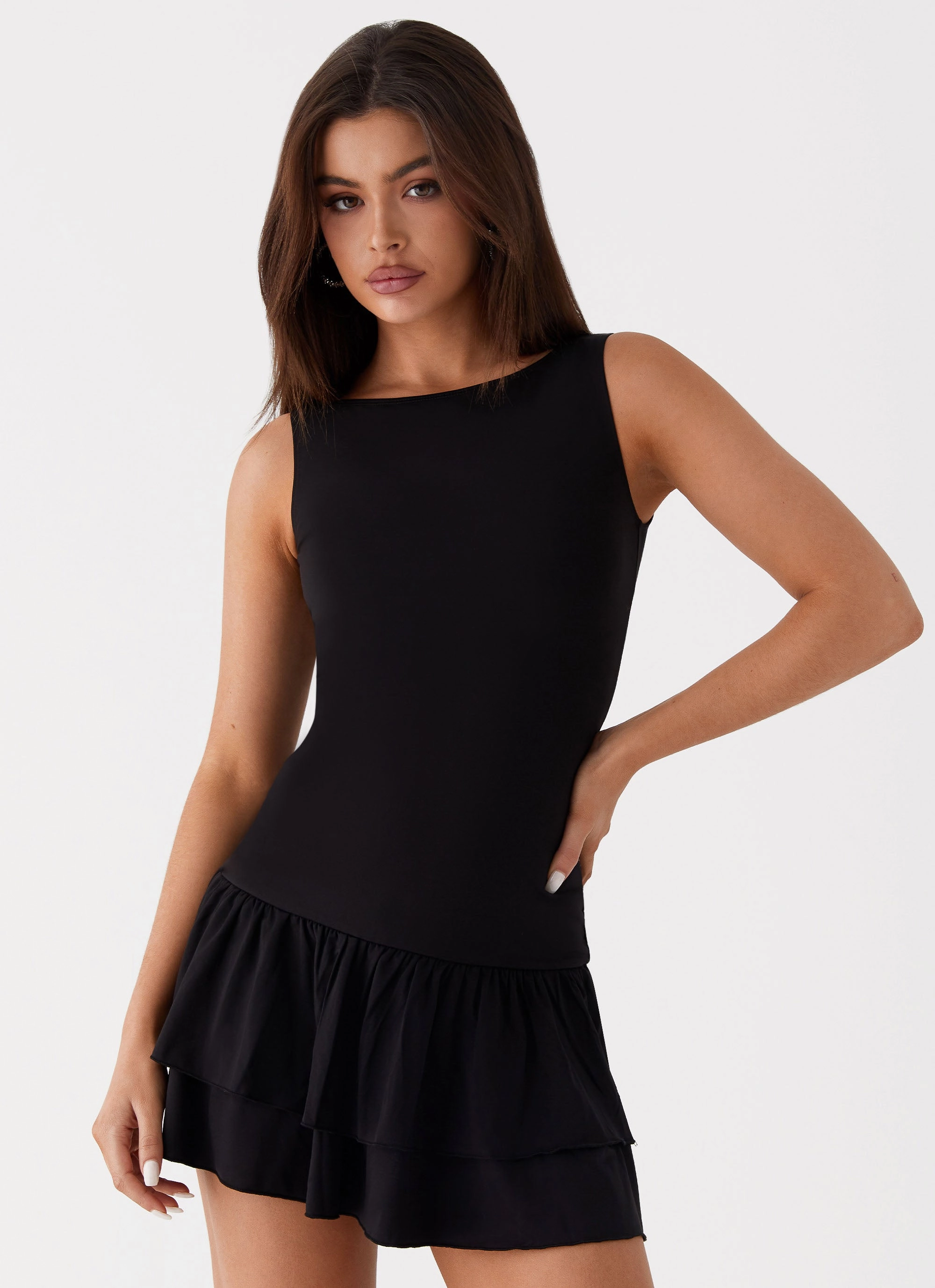 Rhiannon Frill Mini Dress - Black Ribbed-Texture