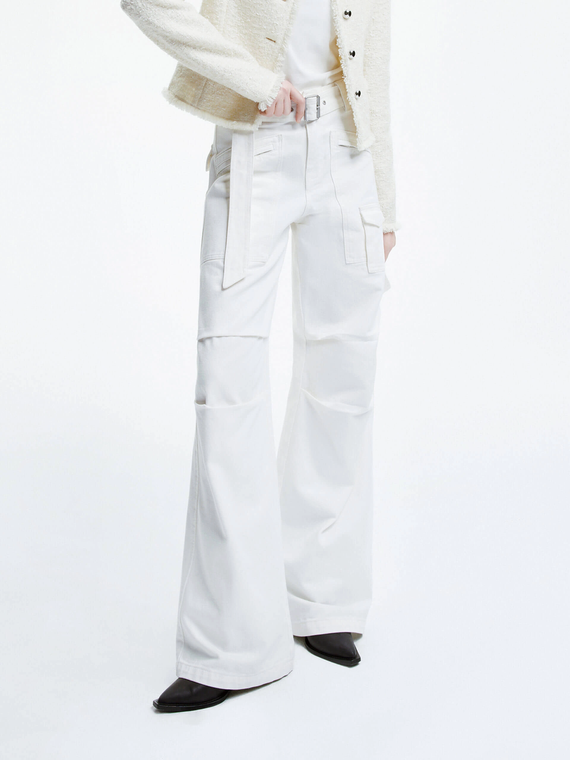 Straight Cargo Jeans with Belt Sharp Edge Basic Style