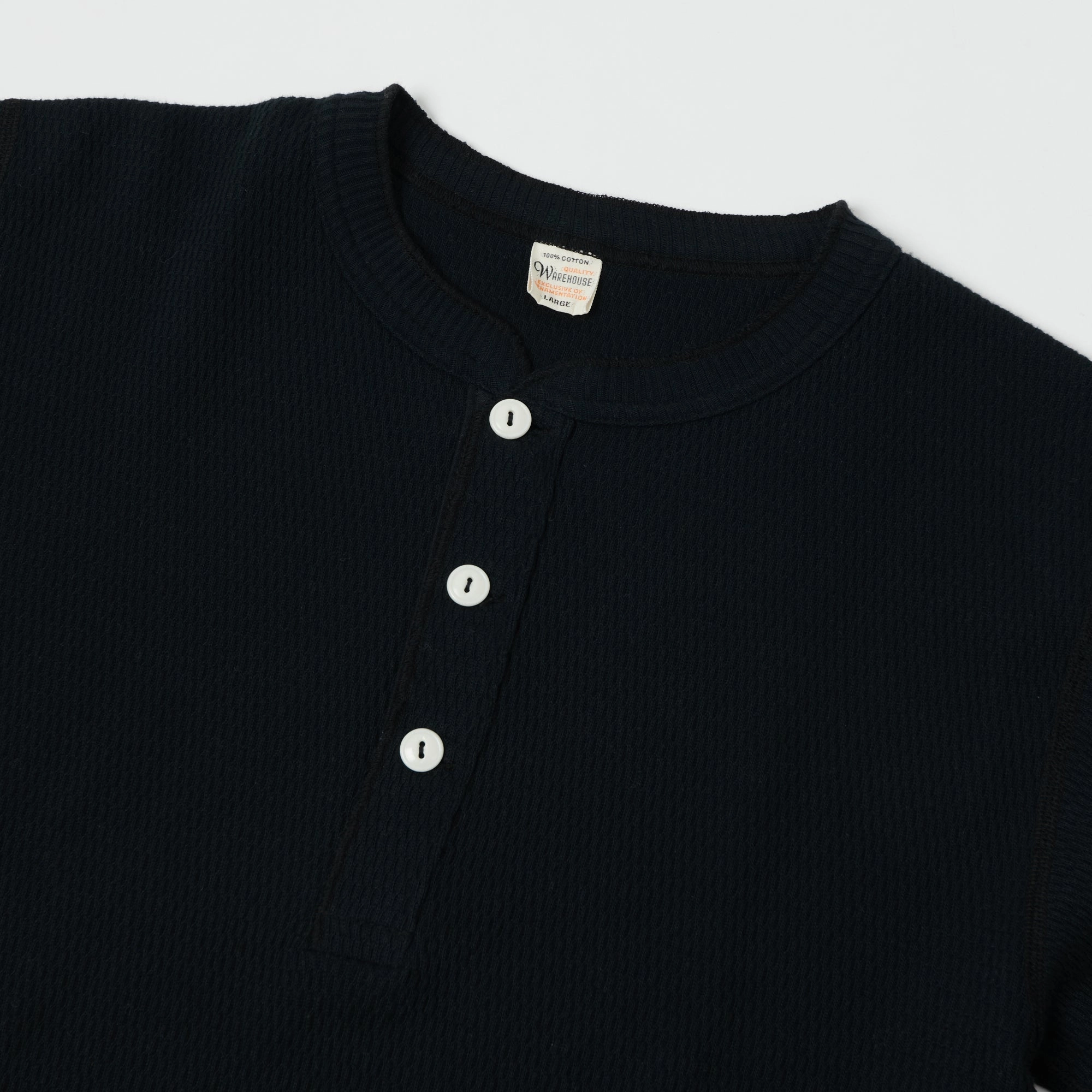 Effortless Wear Sustainable Dye Process Warehouse & Co 5904 Waffle Knit Thermal Henley - Black