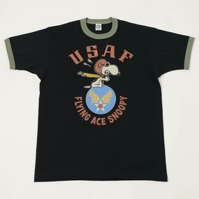 TOYS McCOY 'Snoopy USAF Flying Ace' Ringer T-Shirt - Black Ultimate Comfort Quick Dry Material