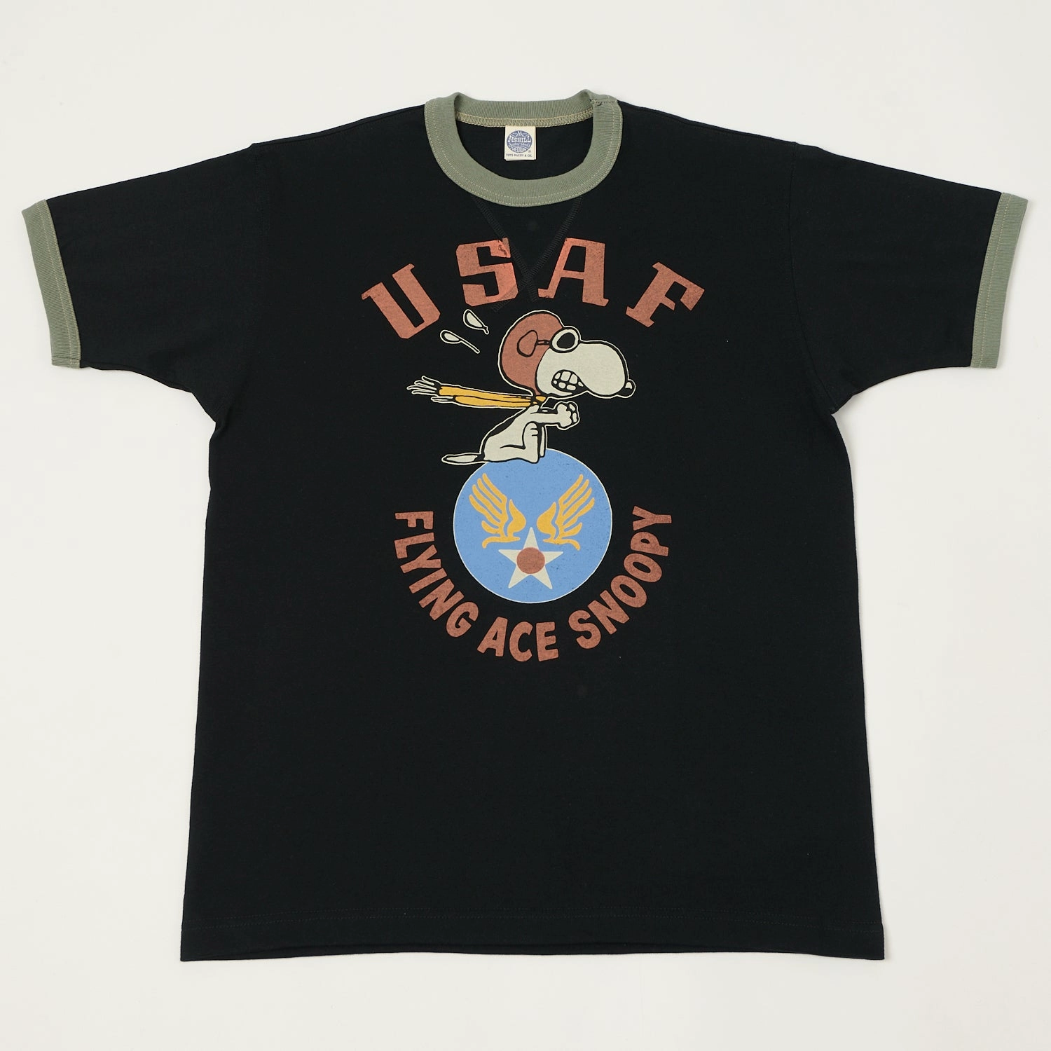 TOYS McCOY 'Snoopy USAF Flying Ace' Ringer T-Shirt - Black Ultimate Comfort Quick Dry Material