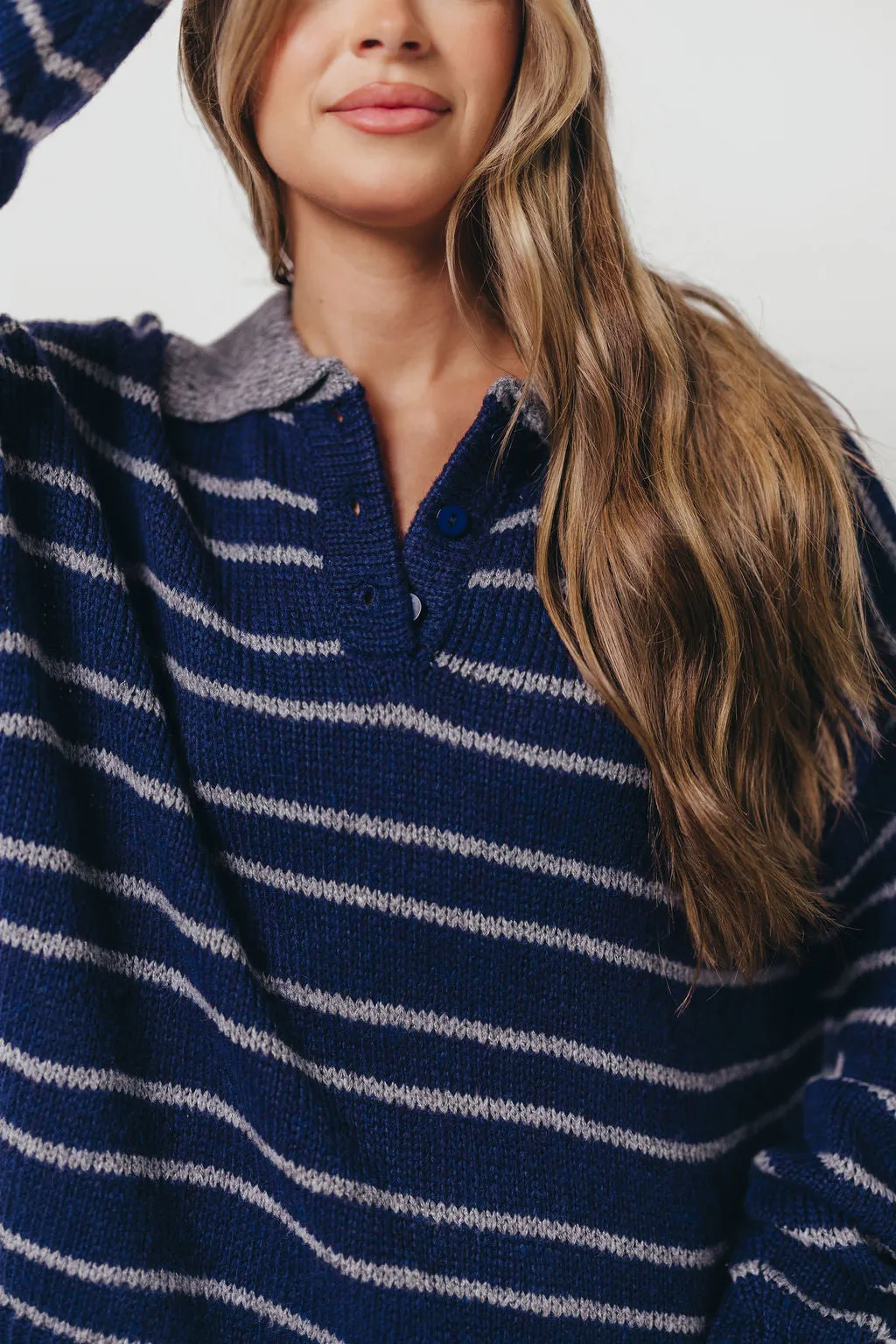 Rochelle Stripe Sweater with Contrast Collar in Navy FourWay Stretch Design All Time