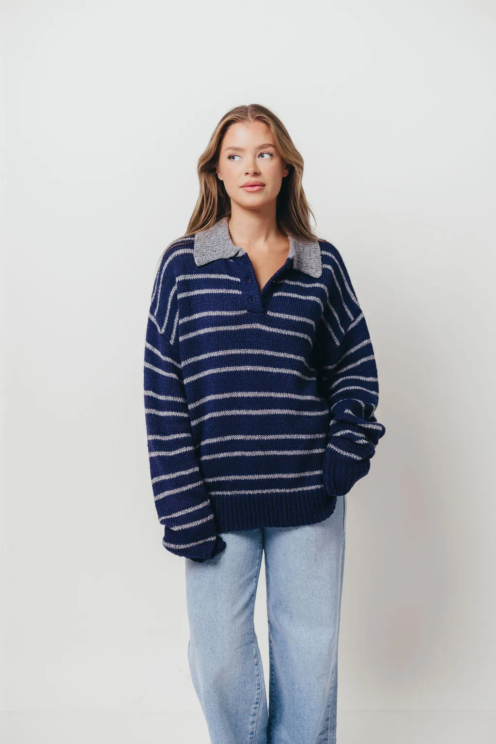 Rochelle Stripe Sweater with Contrast Collar in Navy Natural Texture