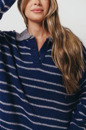 Rochelle Stripe Sweater with Contrast Collar in Navy FourWay Stretch Design All Time