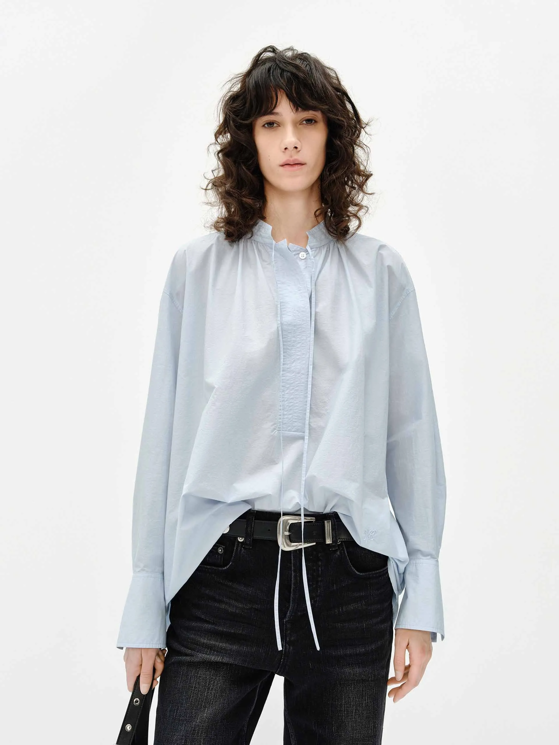 Raw edge Cotton Blend Tie Blouse