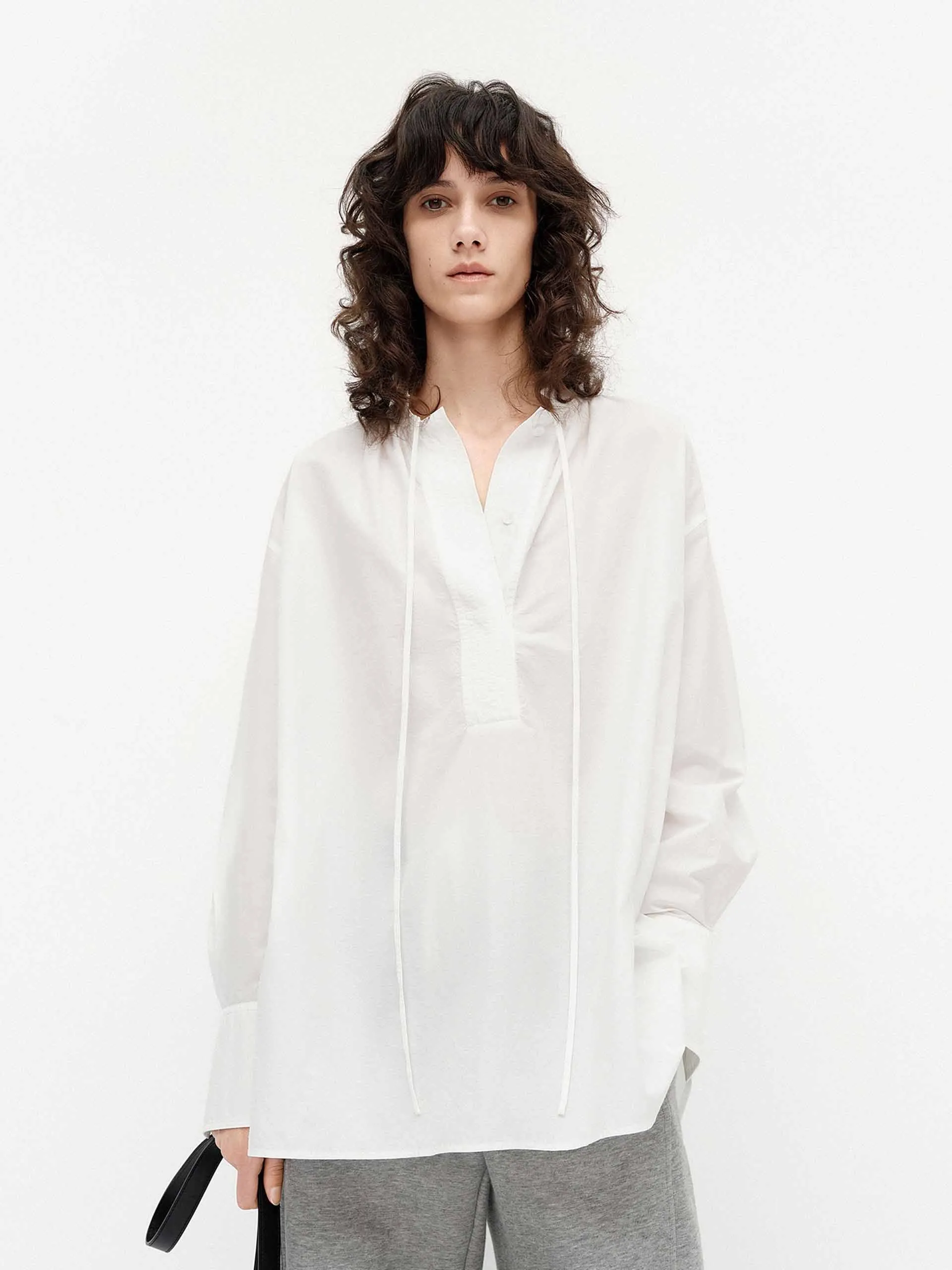 Cotton Blend Tie Blouse Standalone Option Lightweight texture