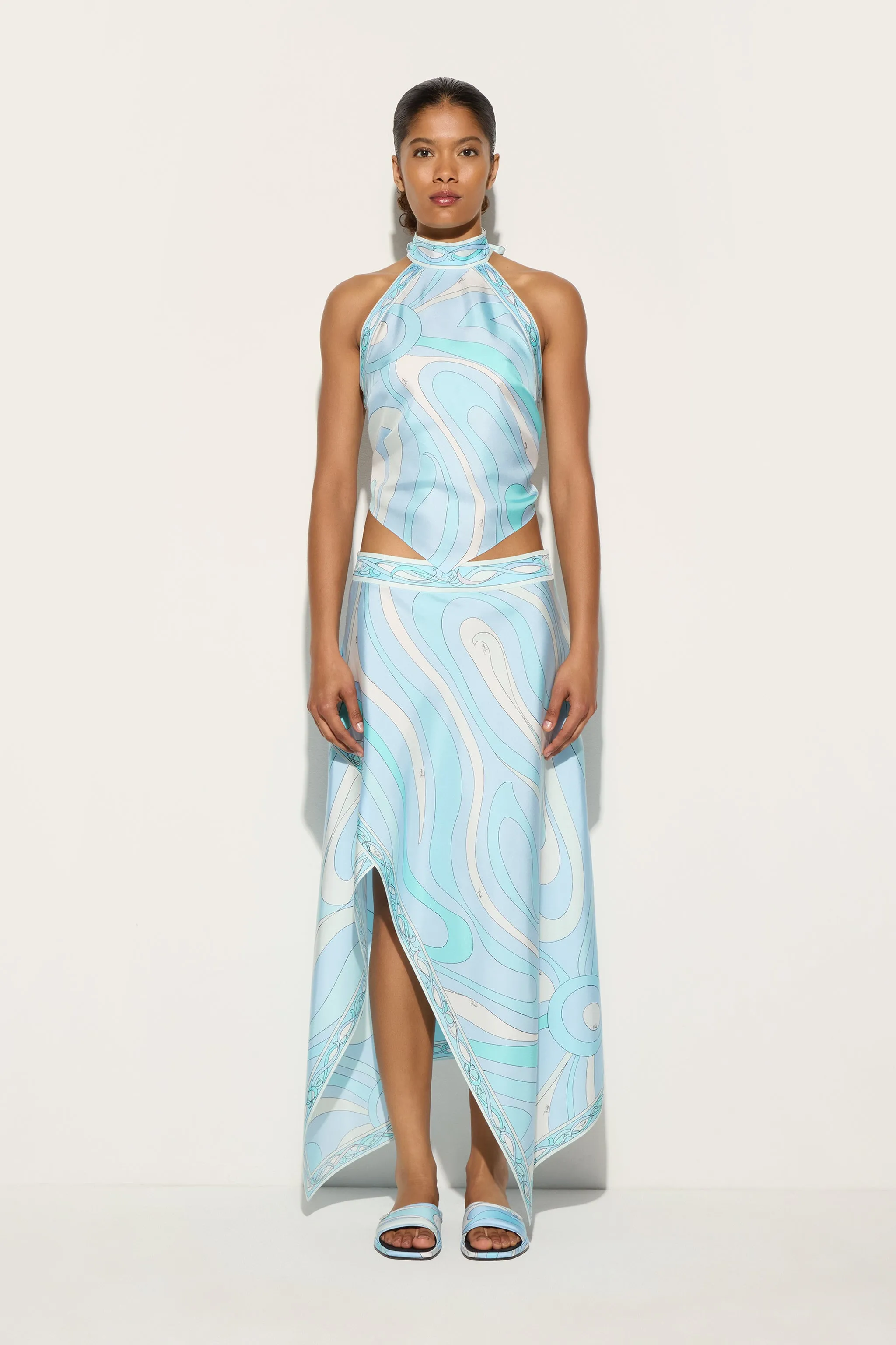 Stretch Fit Technology Marmo Print Silk Drop Top