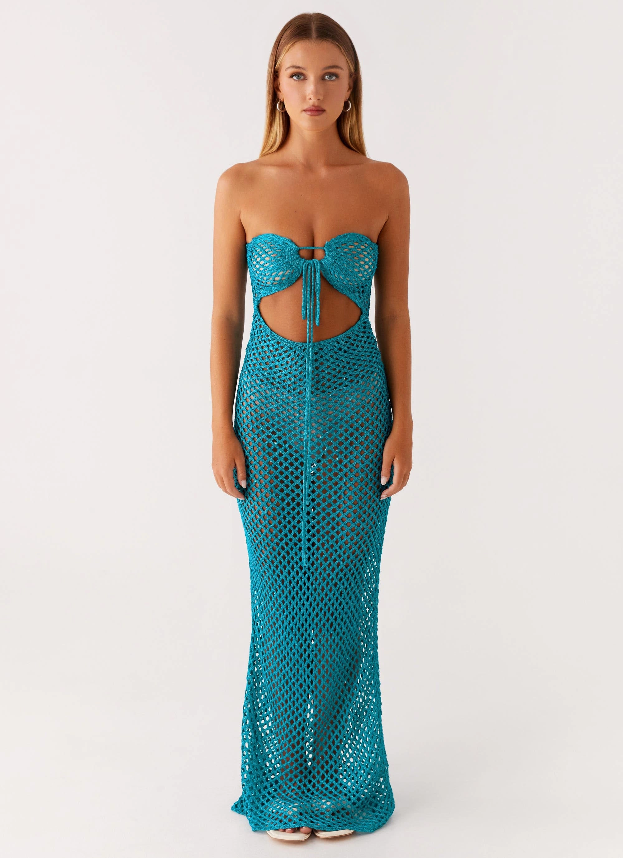 Sun Kissed Crochet Maxi Dress - Blue Waist-Cinching Gentle Look