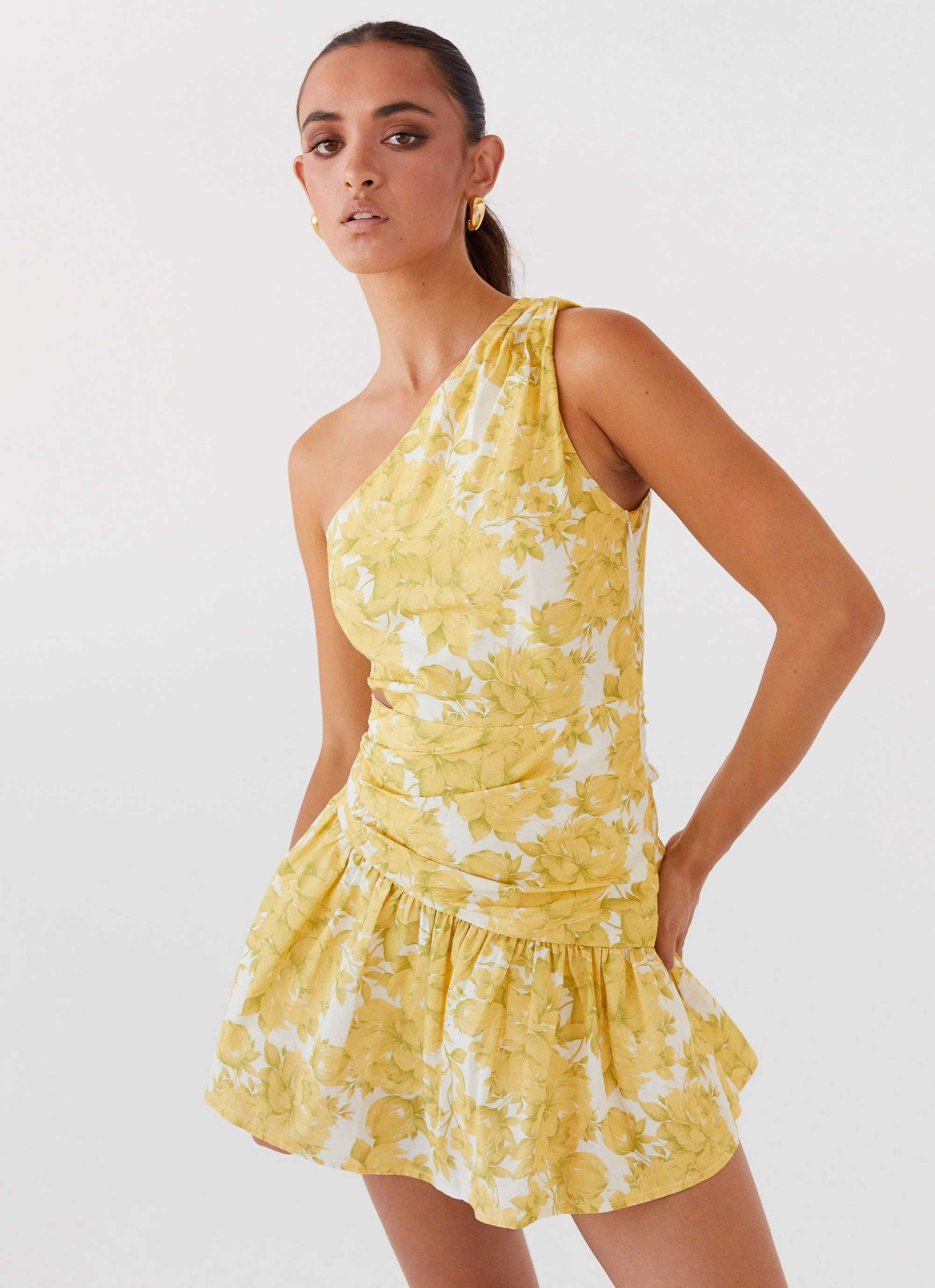 Sunkissed Hearts One Shoulder Mini Dress - Daffodil Lace-Trim