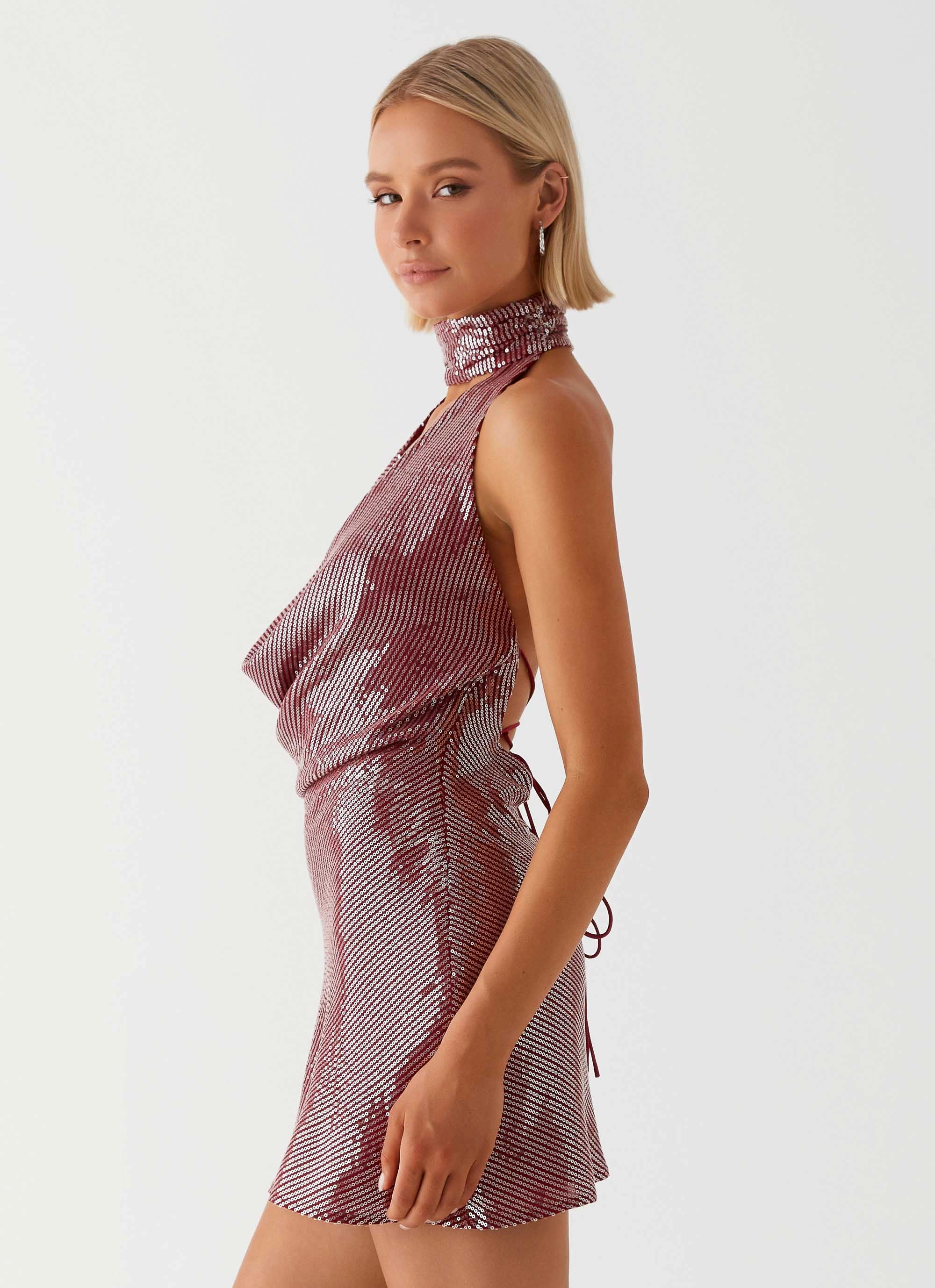 Cozy Vibe Pure Shape Nora Sequin Cowl Neck Mini Dress - Red