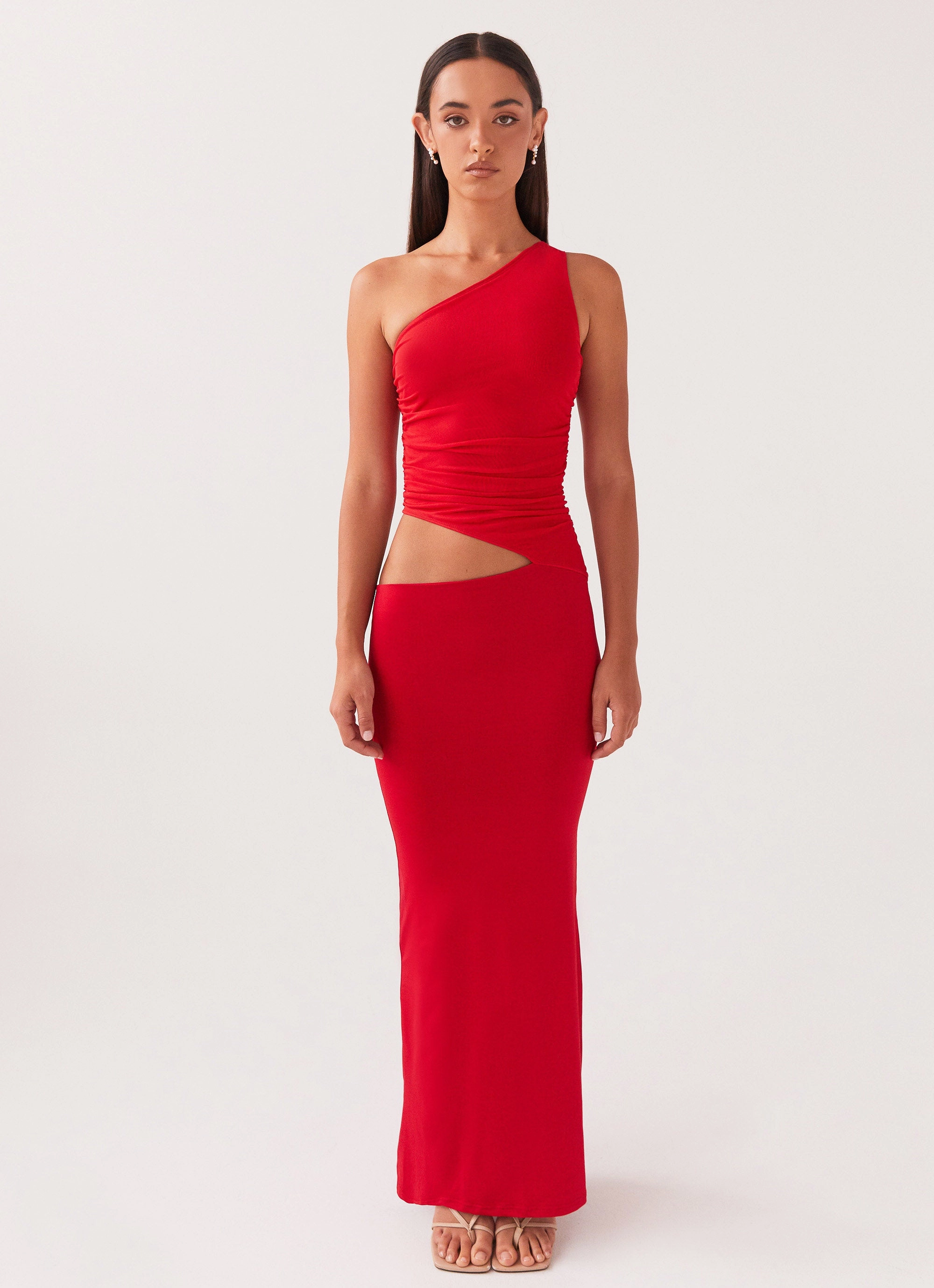 Seranella One Shoulder Maxi Dress - Cherry Red Lounge Vibes