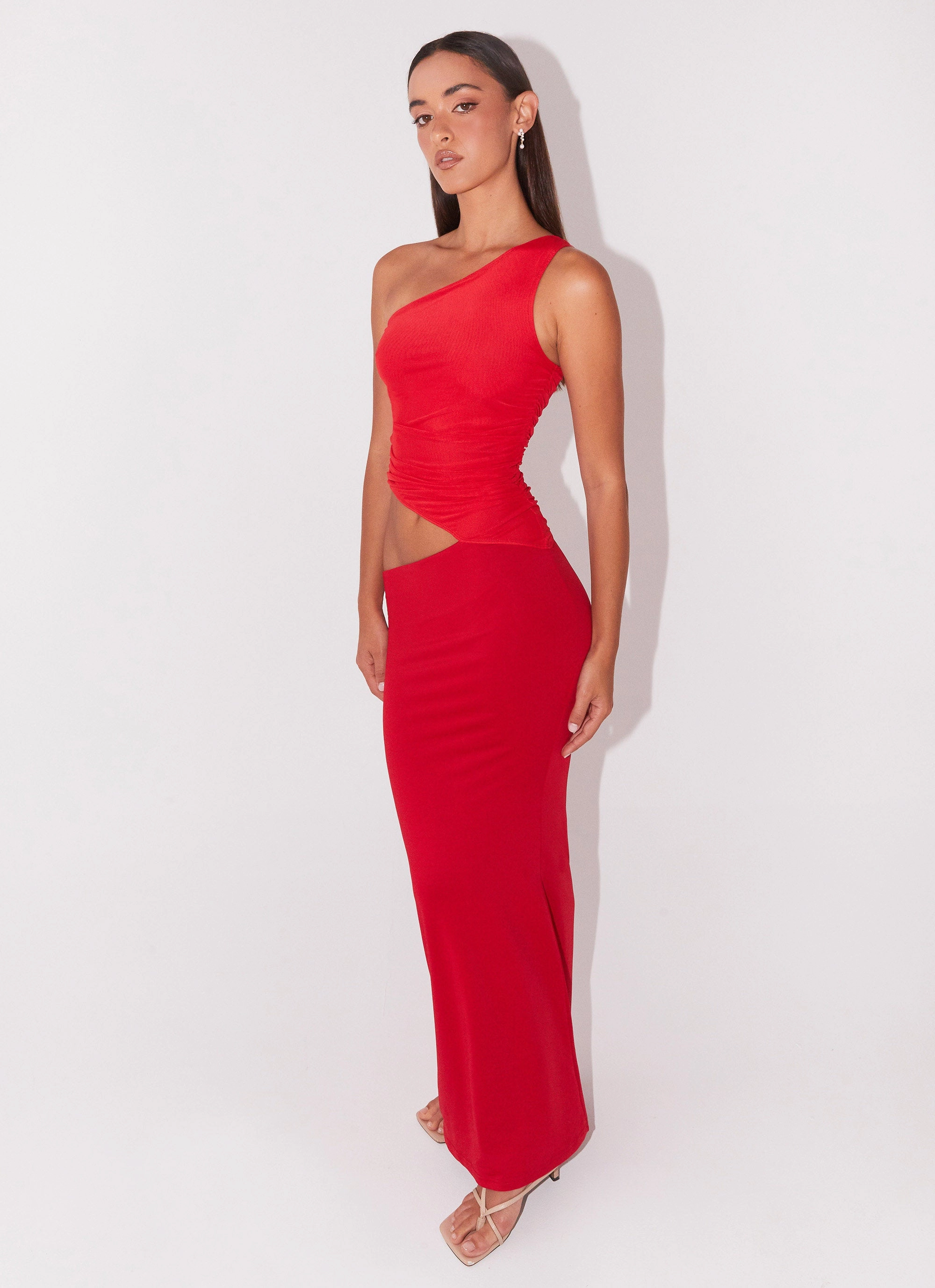 Relax Form Smooth Lines Seranella One Shoulder Maxi Dress - Cherry Red